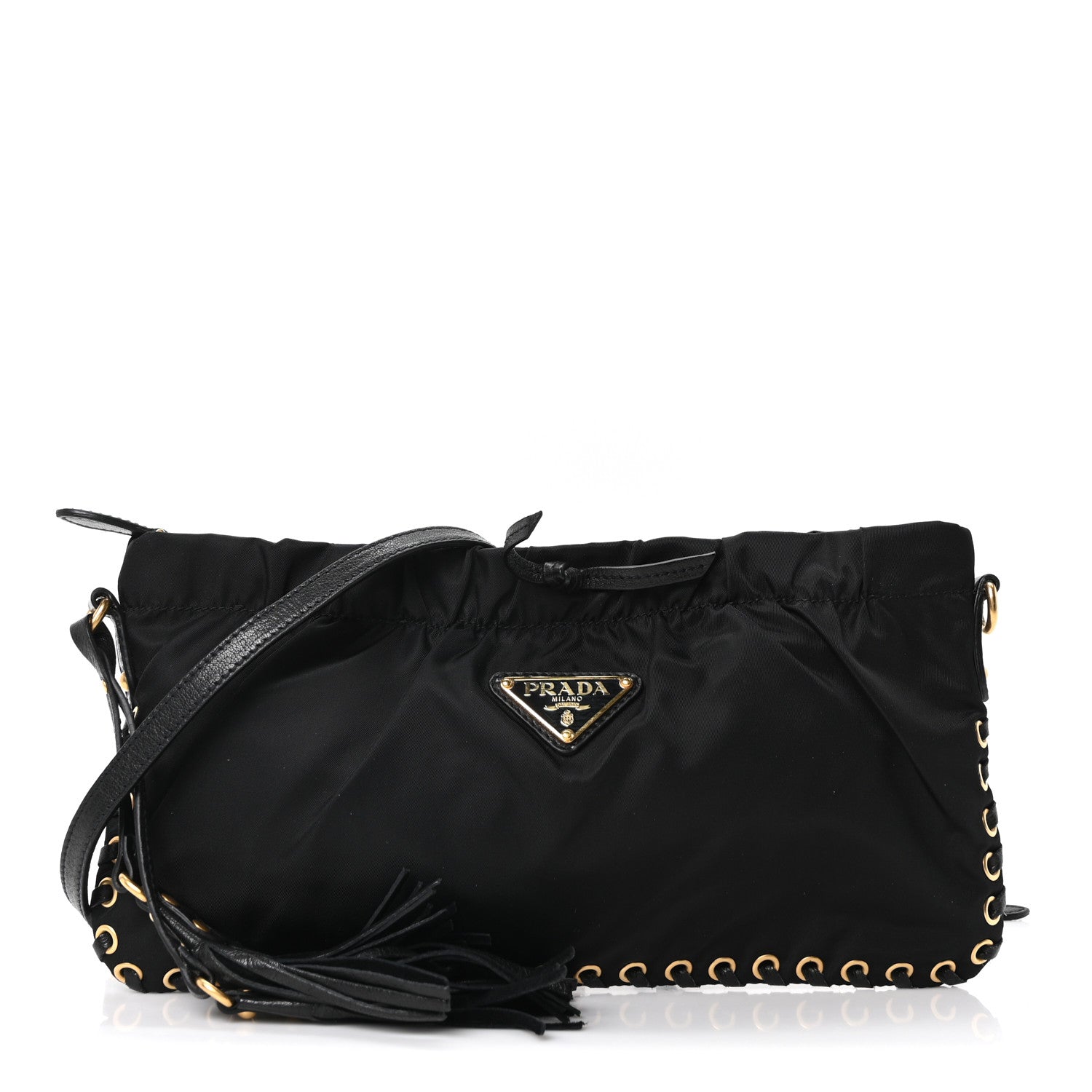 Prada Tessuto Nylon Whipstitch Grommet Tassel Shoulder Bag Black