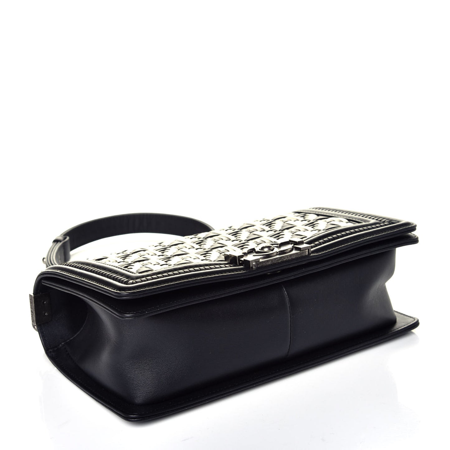 Calfskin Woven Medium Boy Flap Black White