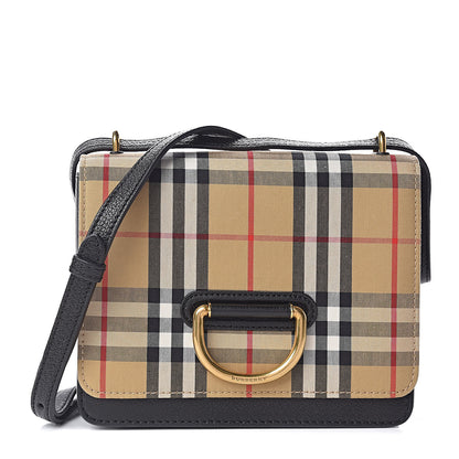 Burberry Goatskin Cotton Canvas Vintage Check Small D-Ring Bag Black Antique Yellow 1 of 9