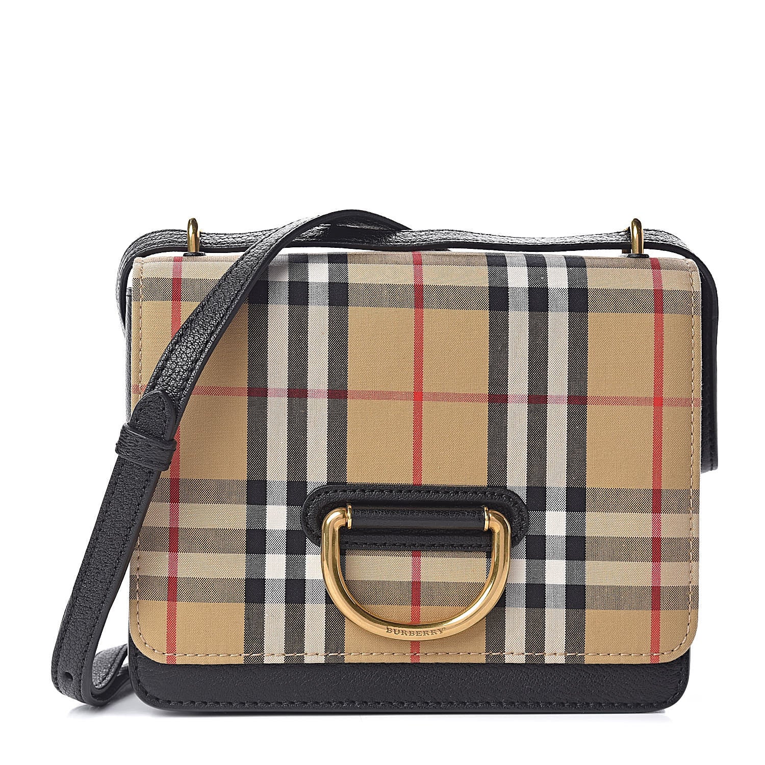 Burberry Goatskin Cotton Canvas Vintage Check Small D-Ring Bag Black Antique Yellow 1 of 9
