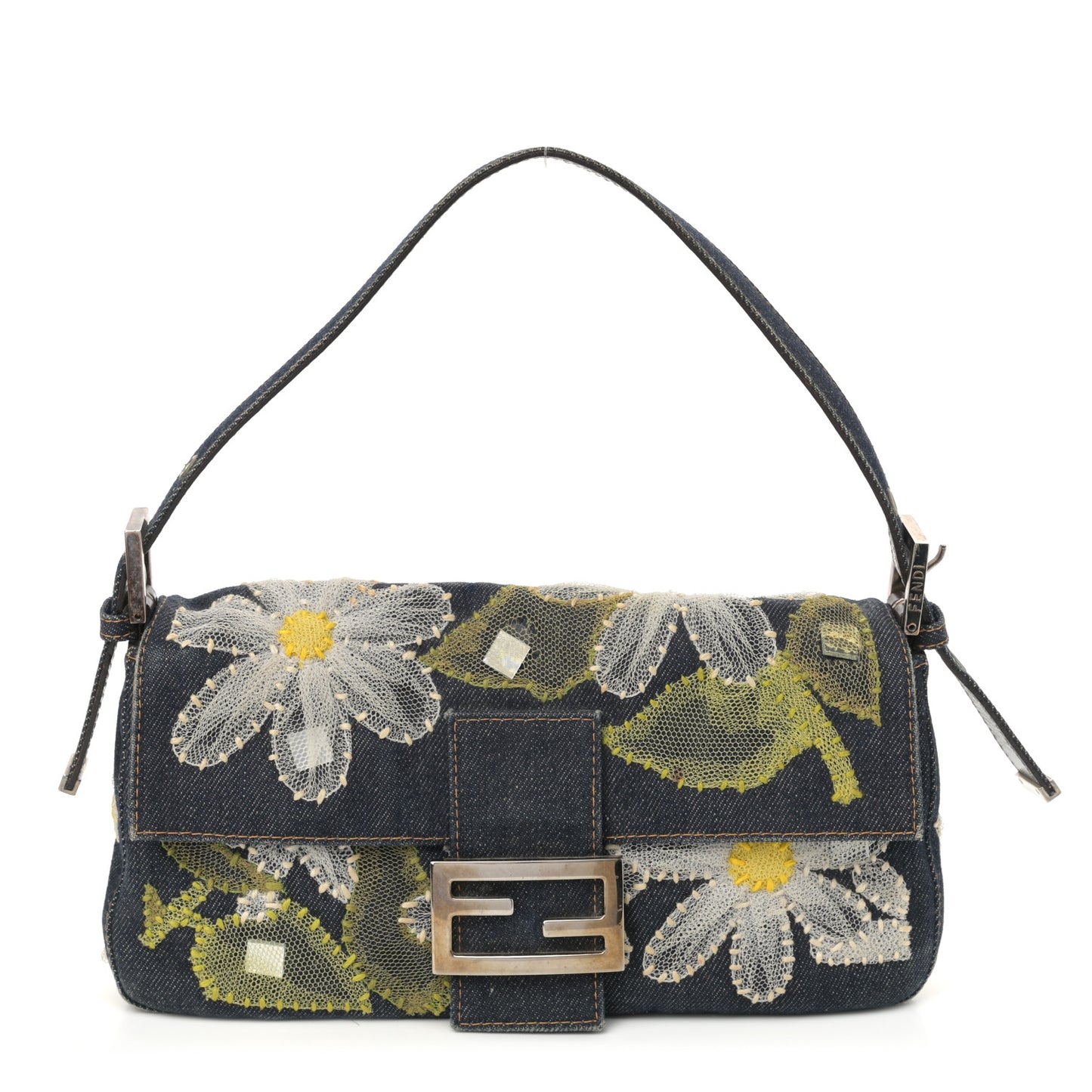 Denim Flower Applique Baguette Blue