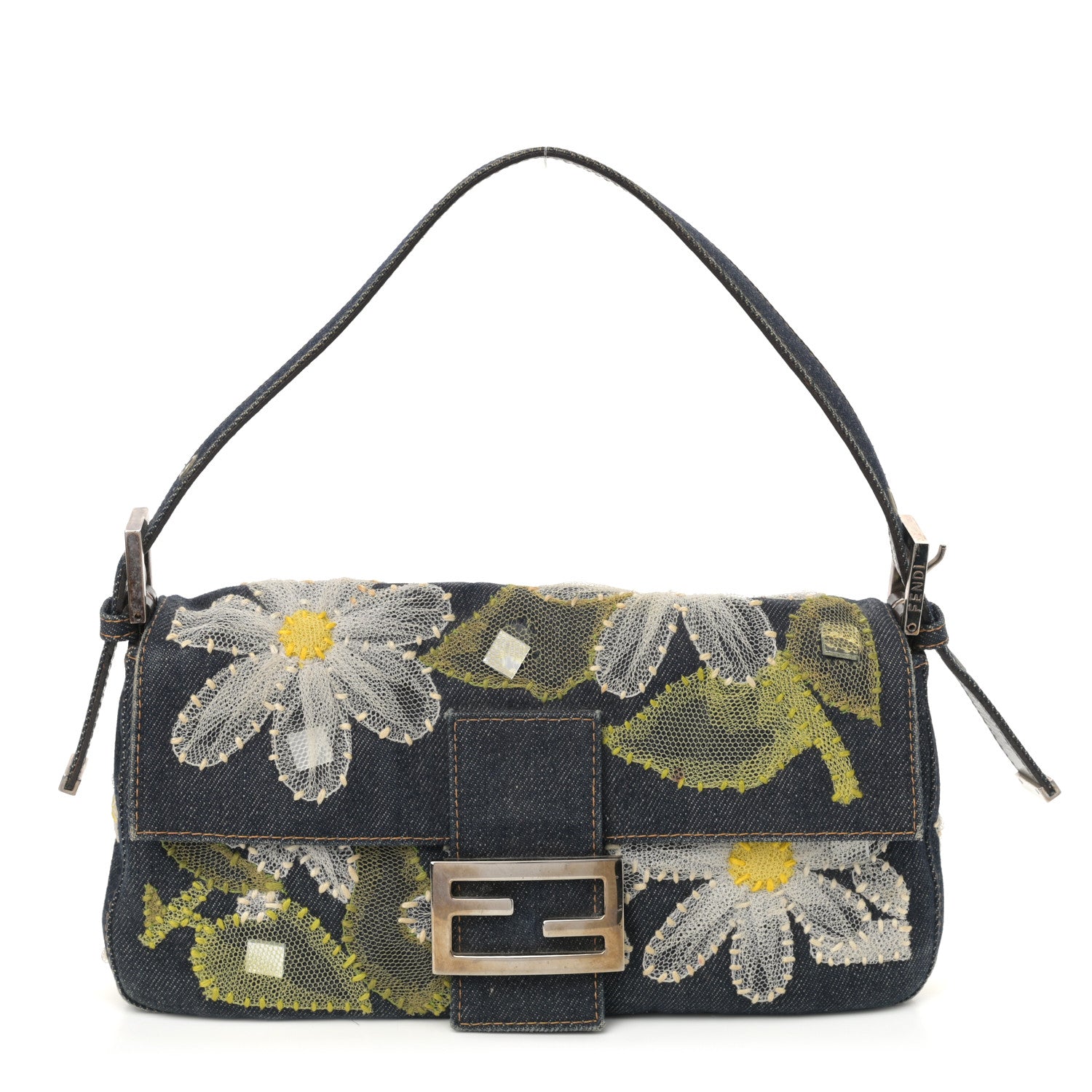 Fendi Denim Flower Applique Baguette Blue 1 of 16