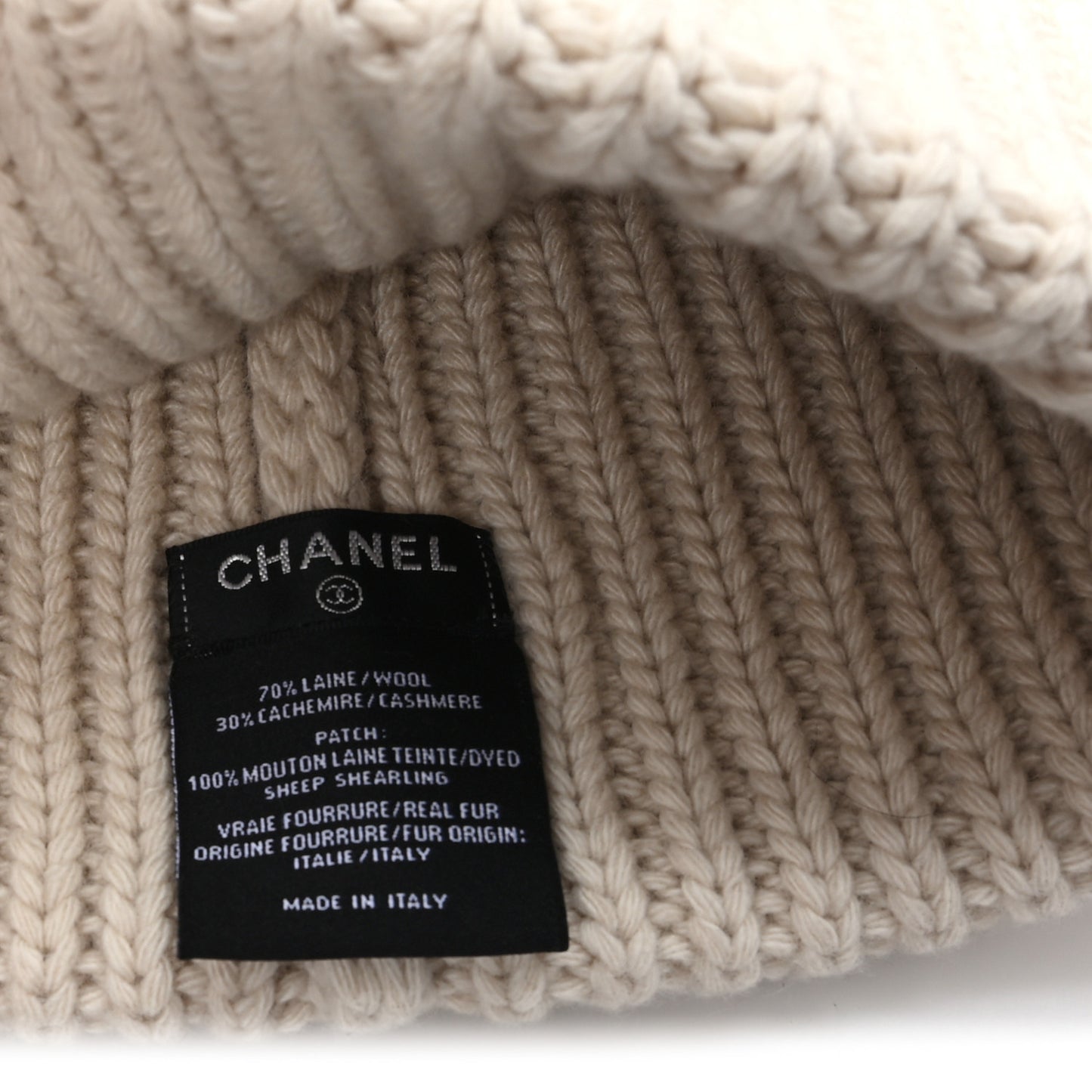 Wool Cashmere Sheepskin Shearling CC Patch Beanie Hat  Ecru Dark Beige