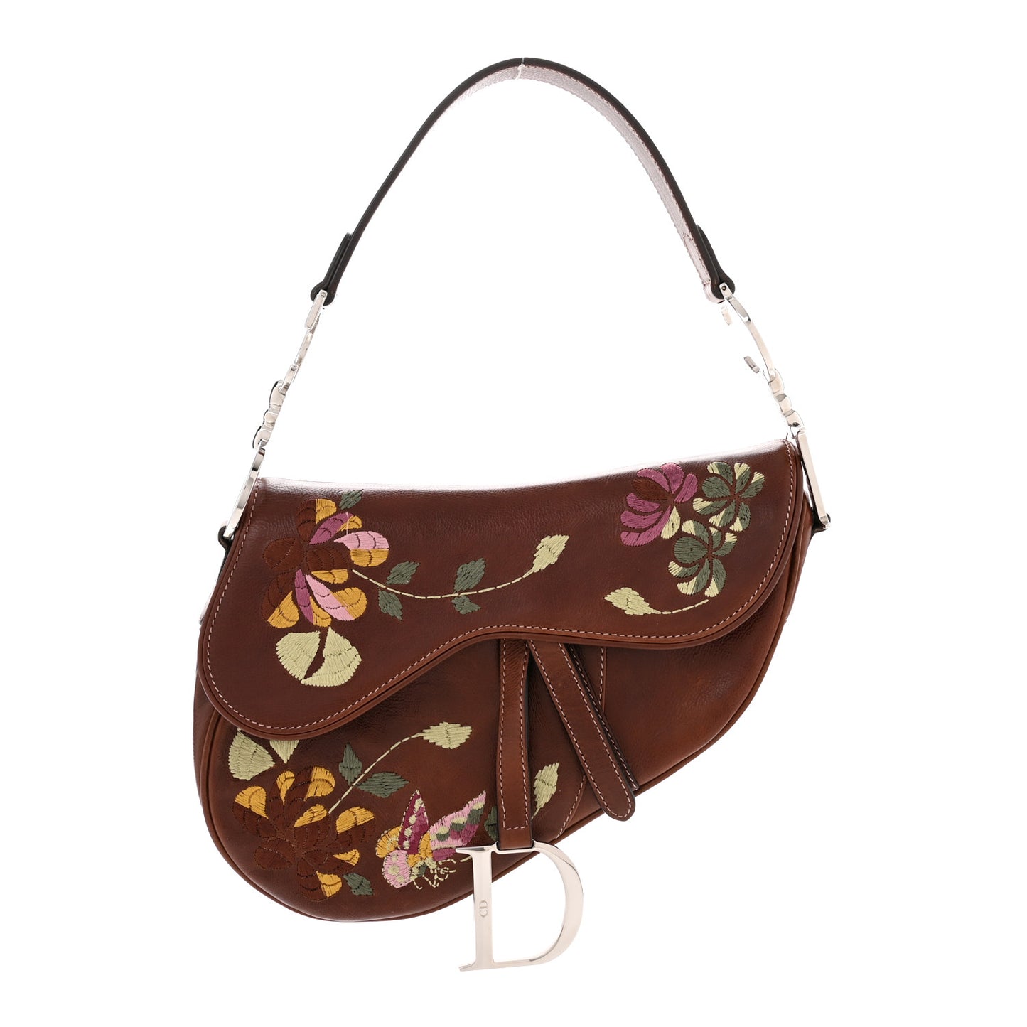 Calfskin Embroidered Romantic Flowers Saddle Bag Brown