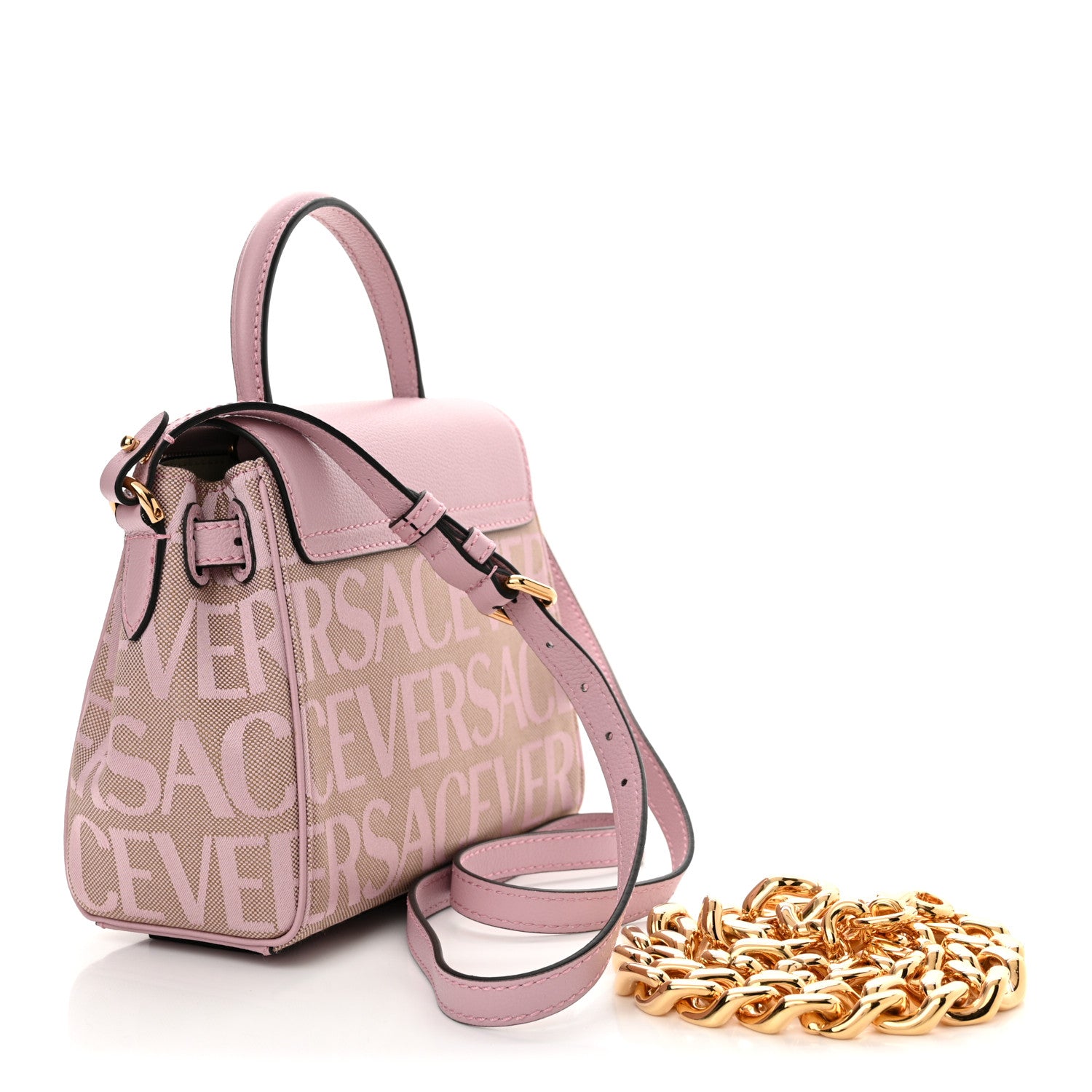 Versace Calfskin Canvas Allover La Medusa Small Top Handle Handbag Pink 3 of 9