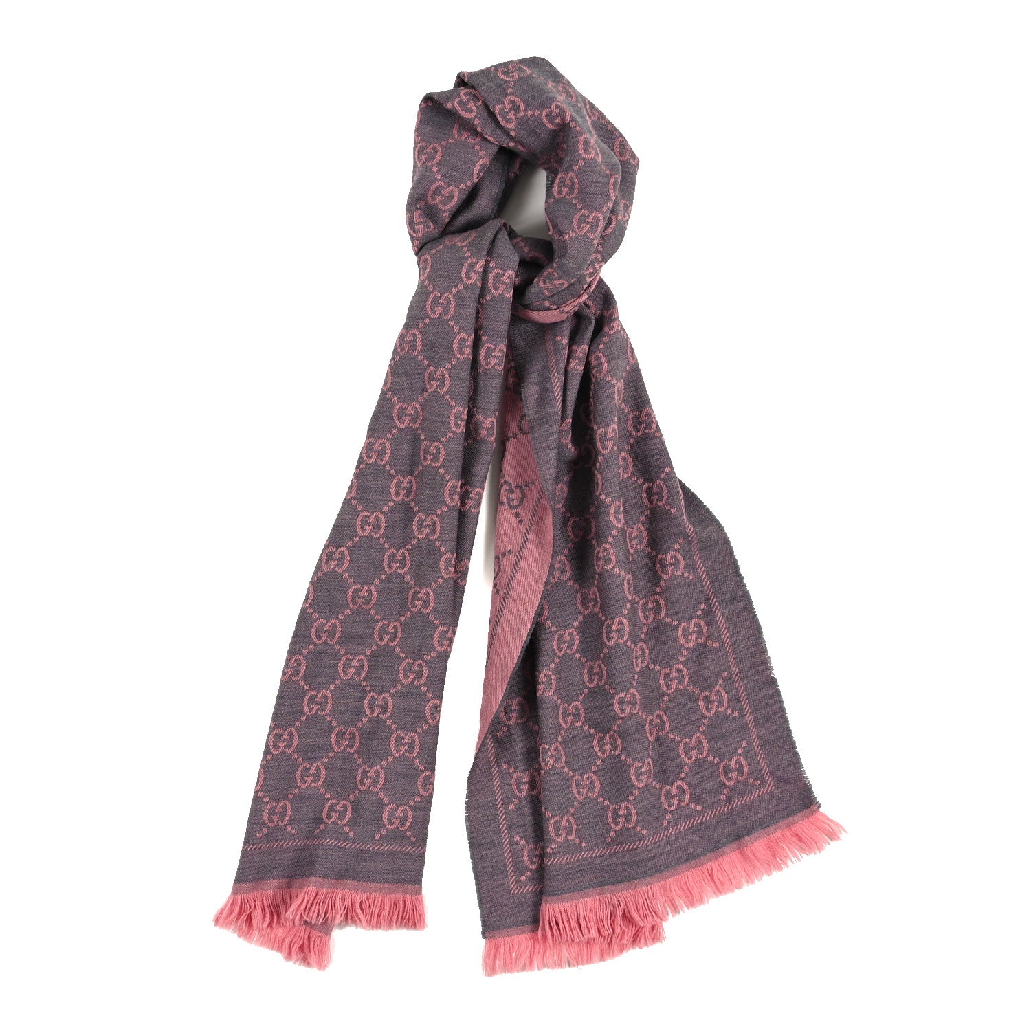 Gucci Wool Jacquard GG Monogram Sten Fringe Scarf Graphite Pink 1 of 4