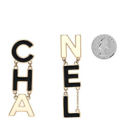 Chanel Metal Enamel Cha-Nel Logo Drop Earrings Black White 2 of 4