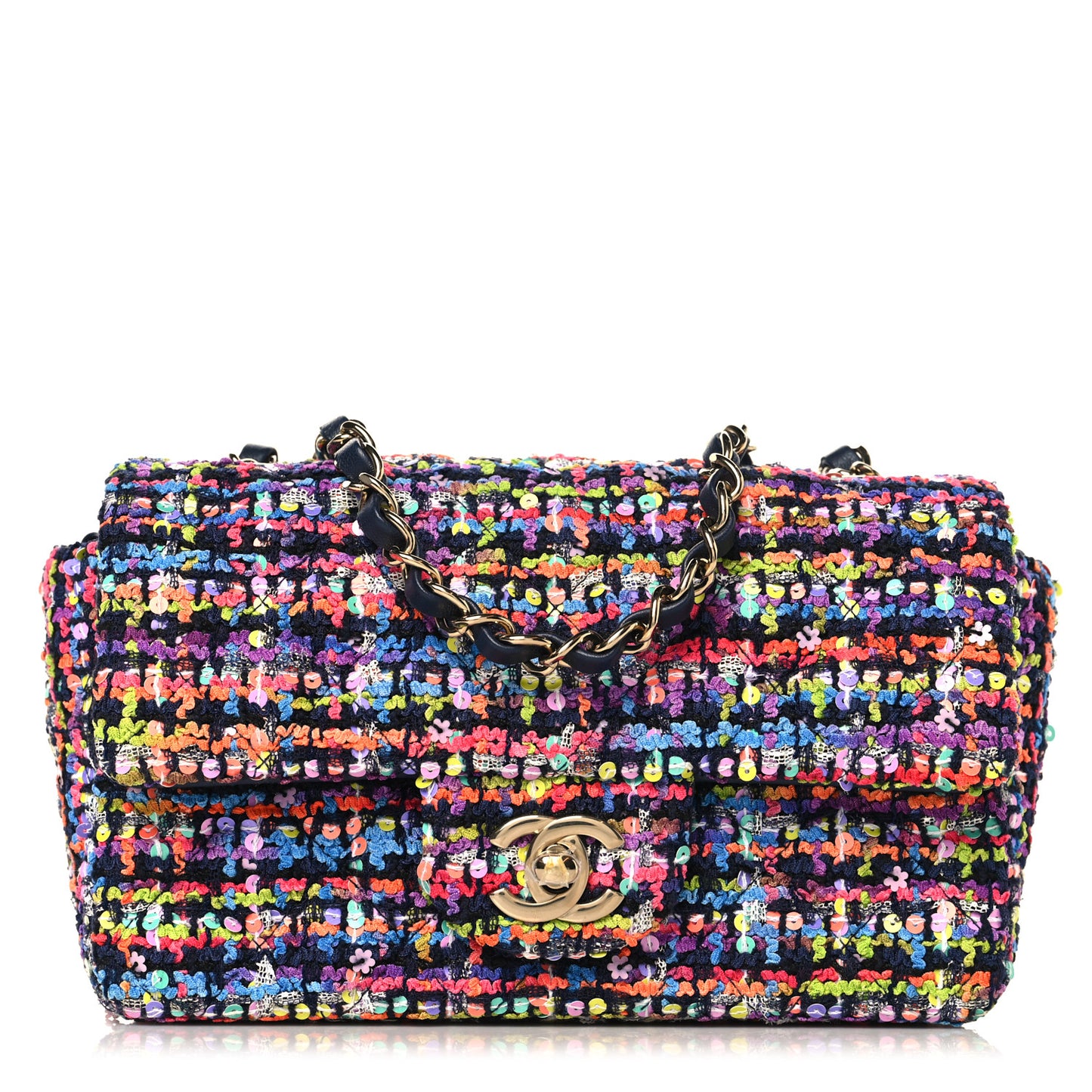 Tweed Quilted Mini Rectangular Flap Navy Blue Multicolor