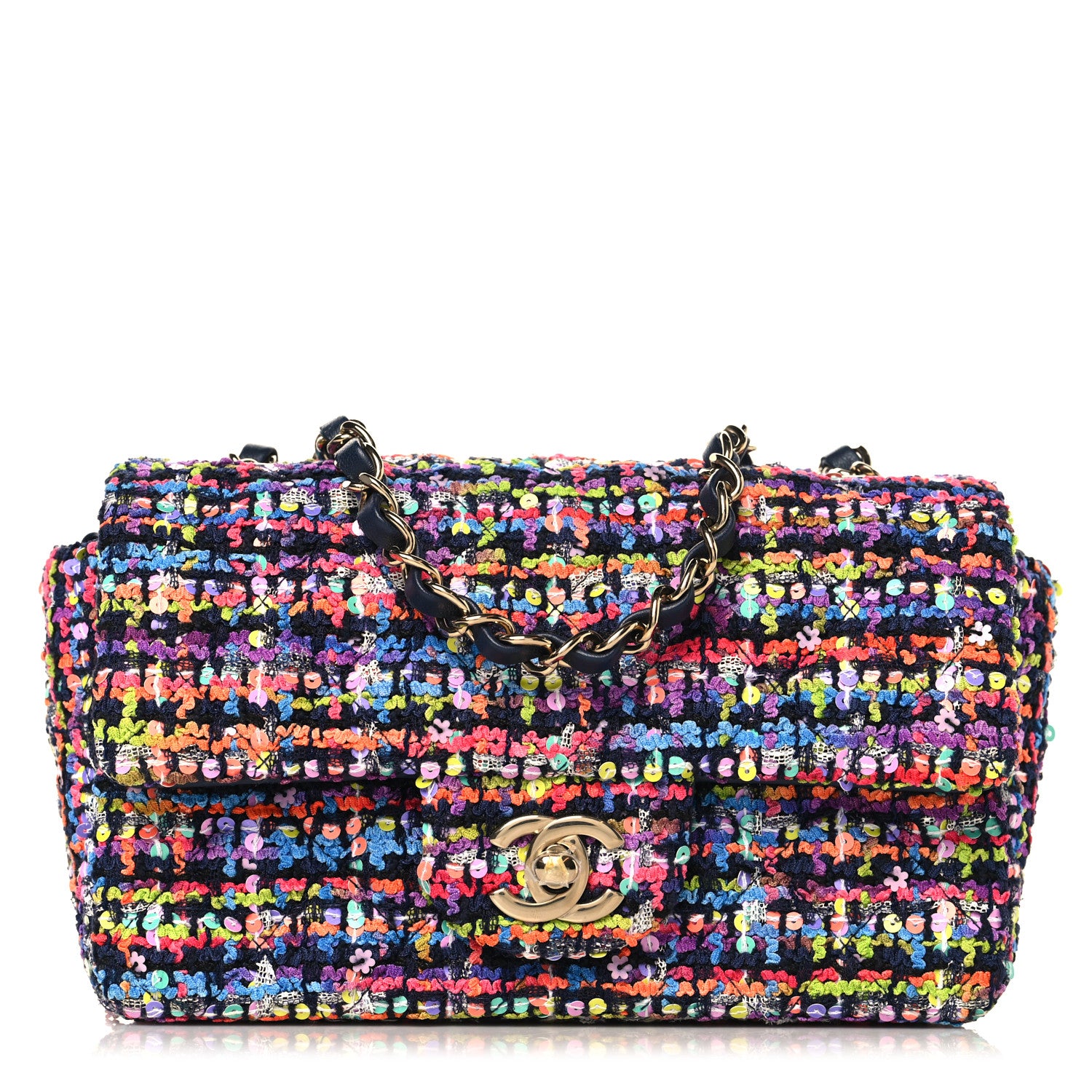 Chanel Tweed Quilted Mini Rectangular Flap Navy Blue Multicolor 1 of 11