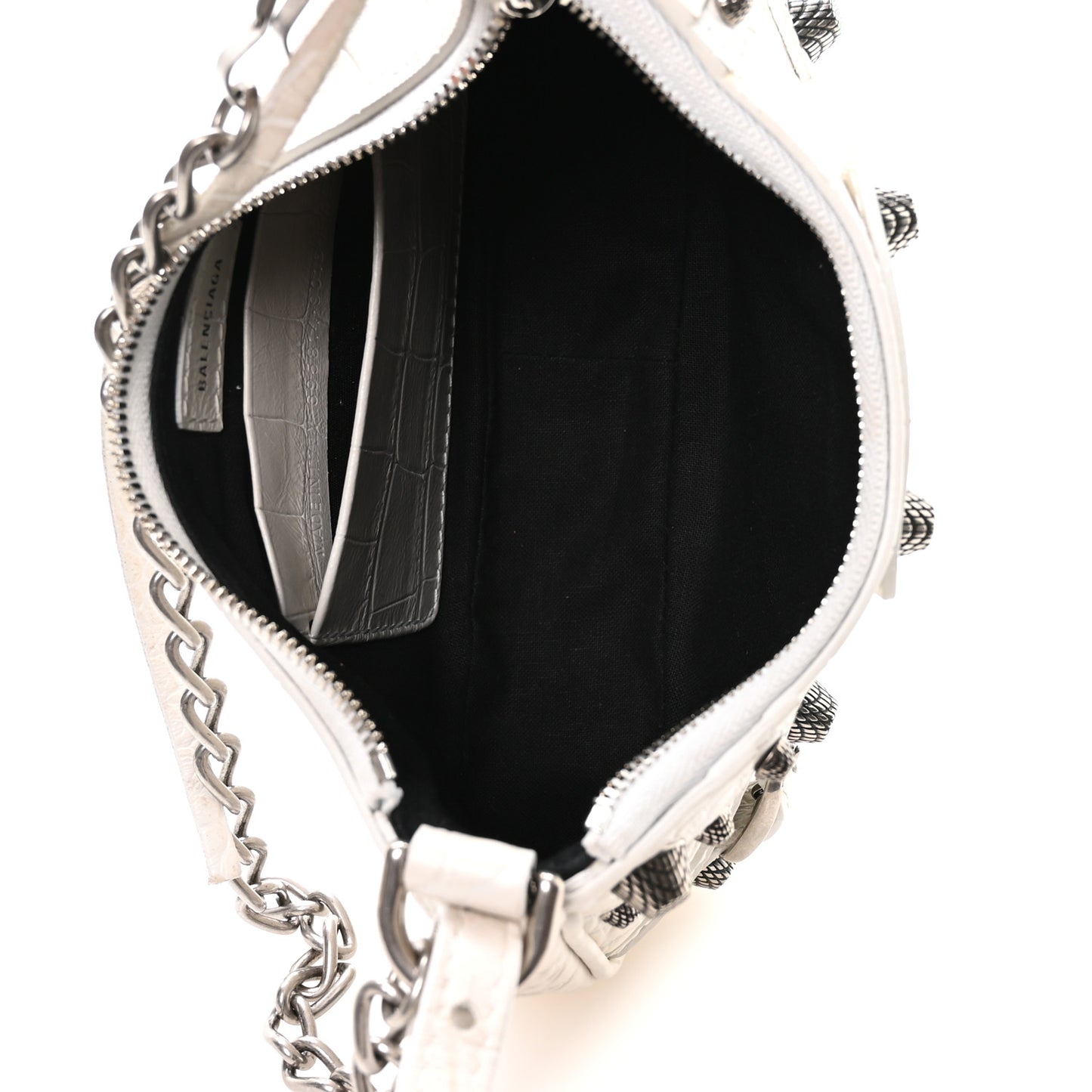Extra Supple Calfskin Crocodile Embossed Le Cagole Mini Purse With Chain White