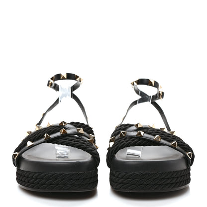 Valentino Garavani Calfskin Rockstud Torchon Espadrille Sandals 38 Black 2 of 7
