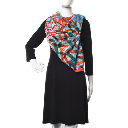 Hermes Cashmere Silk Manufacture de Boucleries Shawl 140 Turquoise Orange Vert 2 of 6