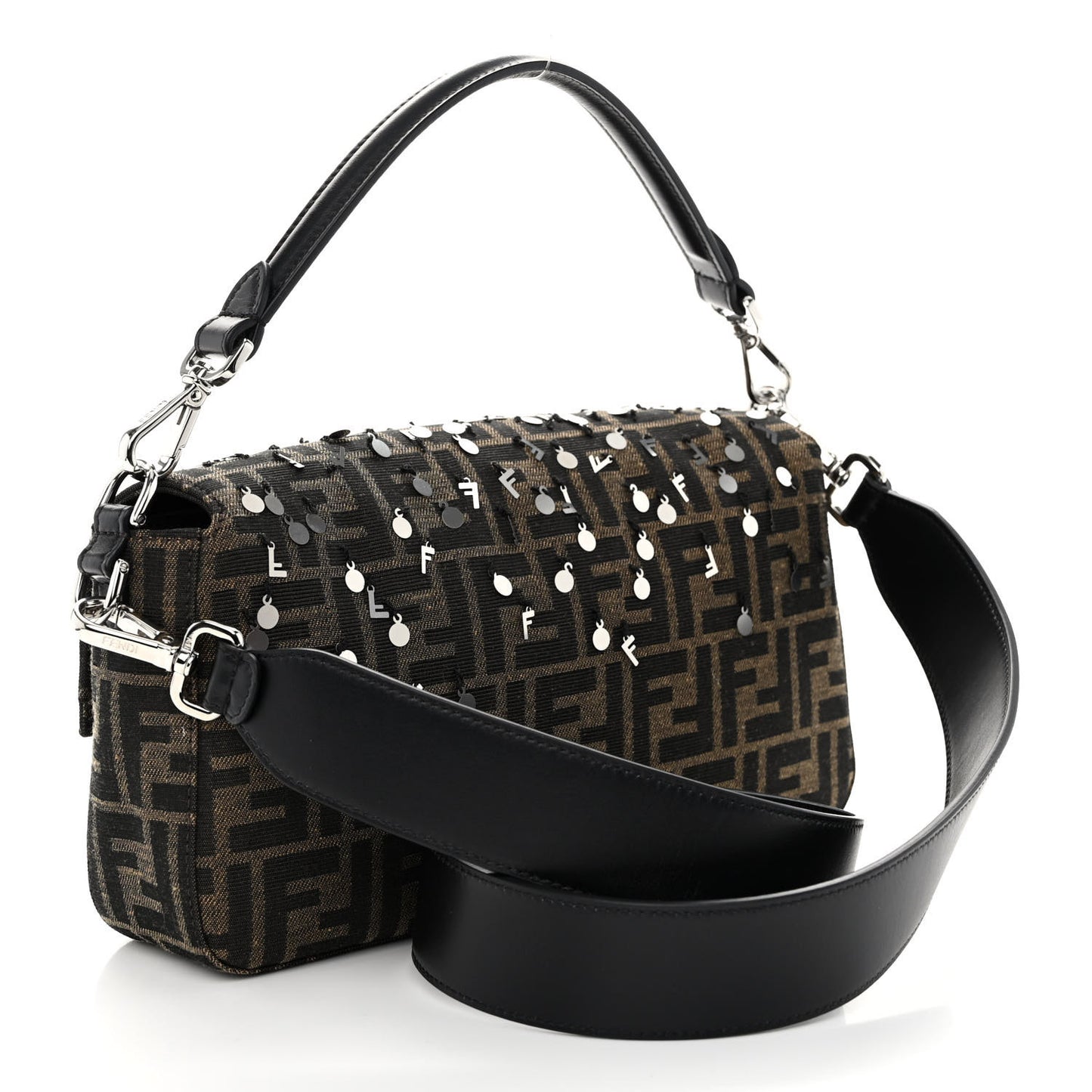 Fabric Jacquard F Paillettes Vitello Cover FF 1974 Embroidered Baguette Tobacco Moro Argento