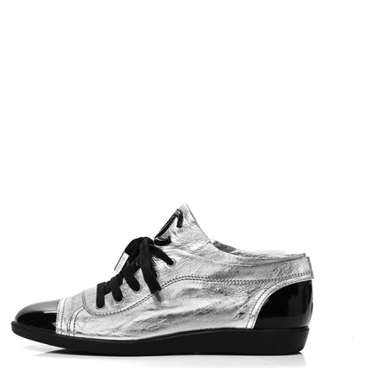 Chanel Metallic Lambskin Patent Cap Toe CC Sneakers 39.5 Silver Black 2 of 17