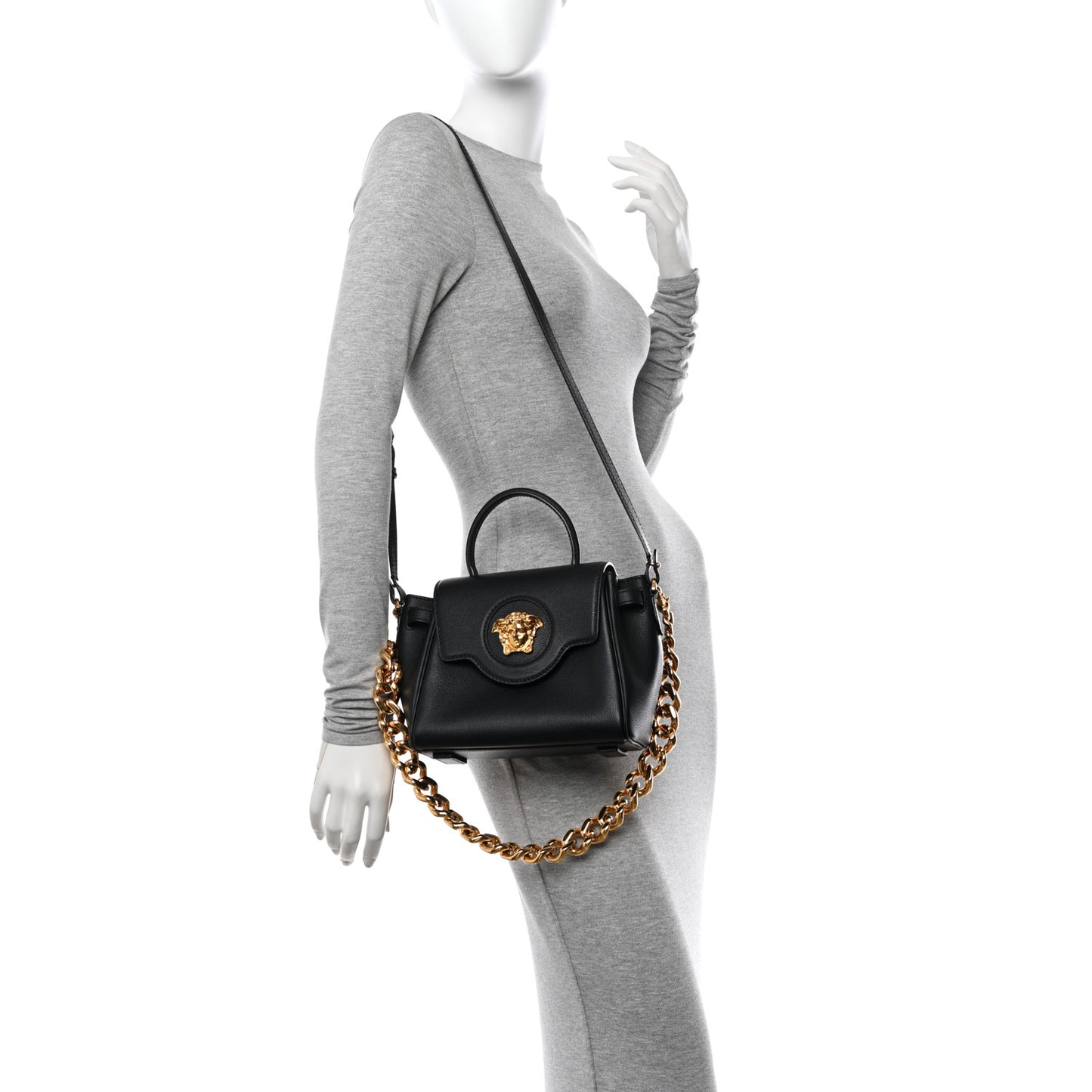 Grained Calfskin Small La Medusa Top Handle Bag Black