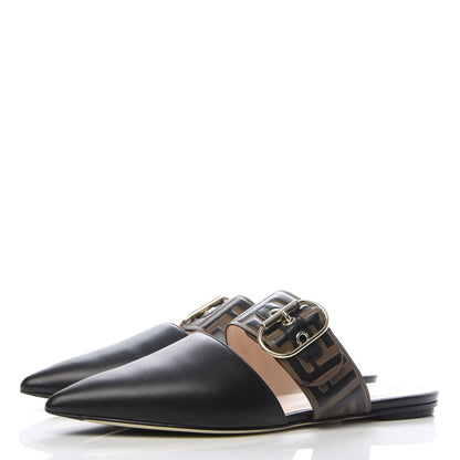Fendi Vitello FF Embossed Buckle Flat Mules 38.5 Maya Black 3 of 8