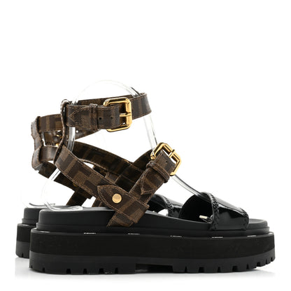 Fendi Vernice High-Tech Glazed Fabric FF Lug Sole Platform Sandals 37.5 Black Tobacco Moro 4 of 7