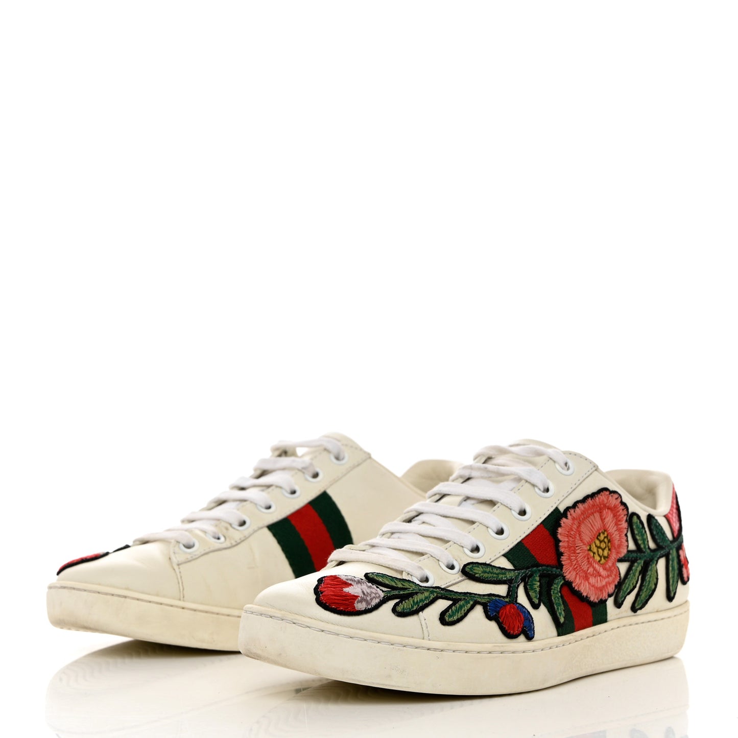 Calfskin Web Floral Embroidered Womens Ace Sneakers 36.5 White