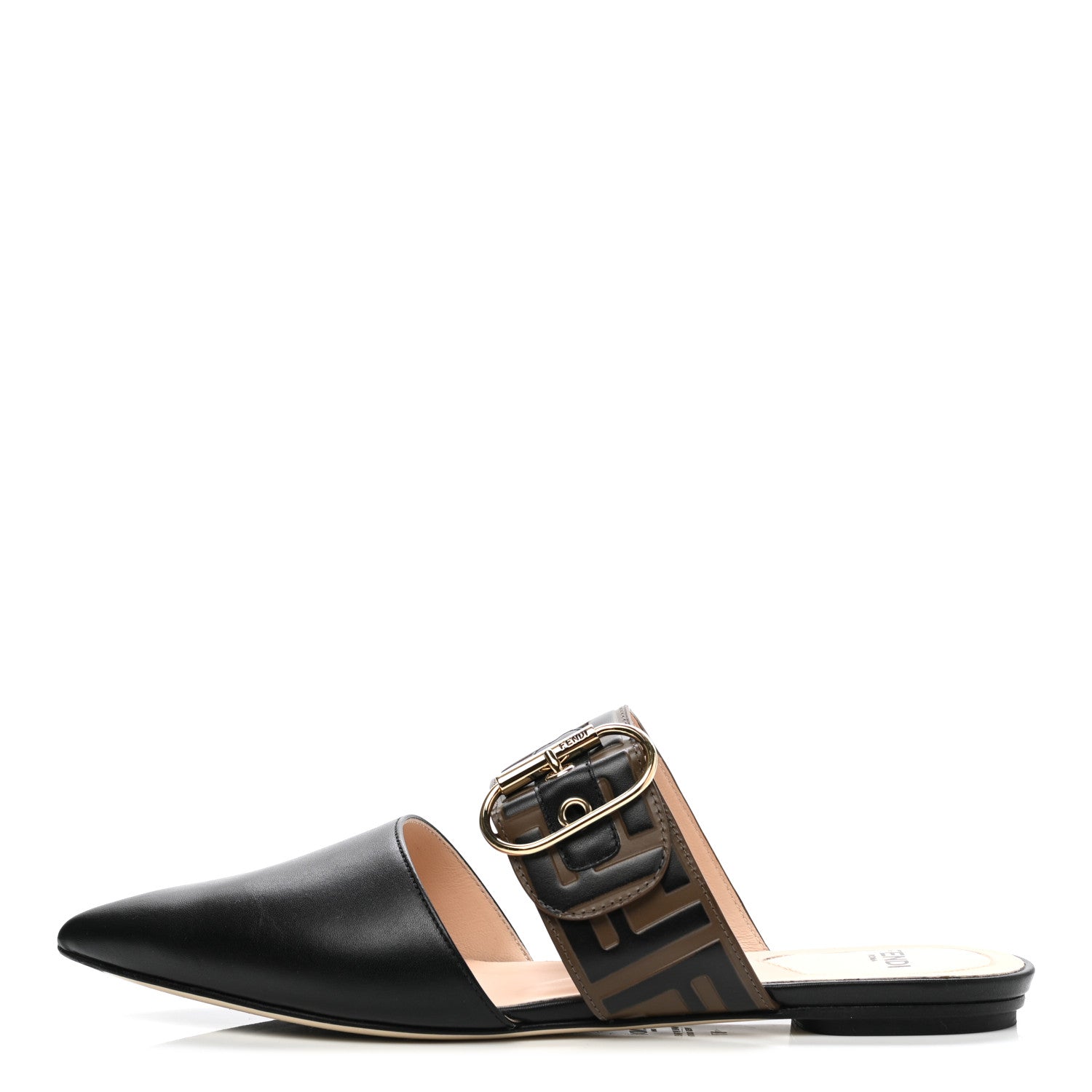 Fendi Vitello FF Embossed Buckle Flat Mules 37 Maya Black 1 of 9