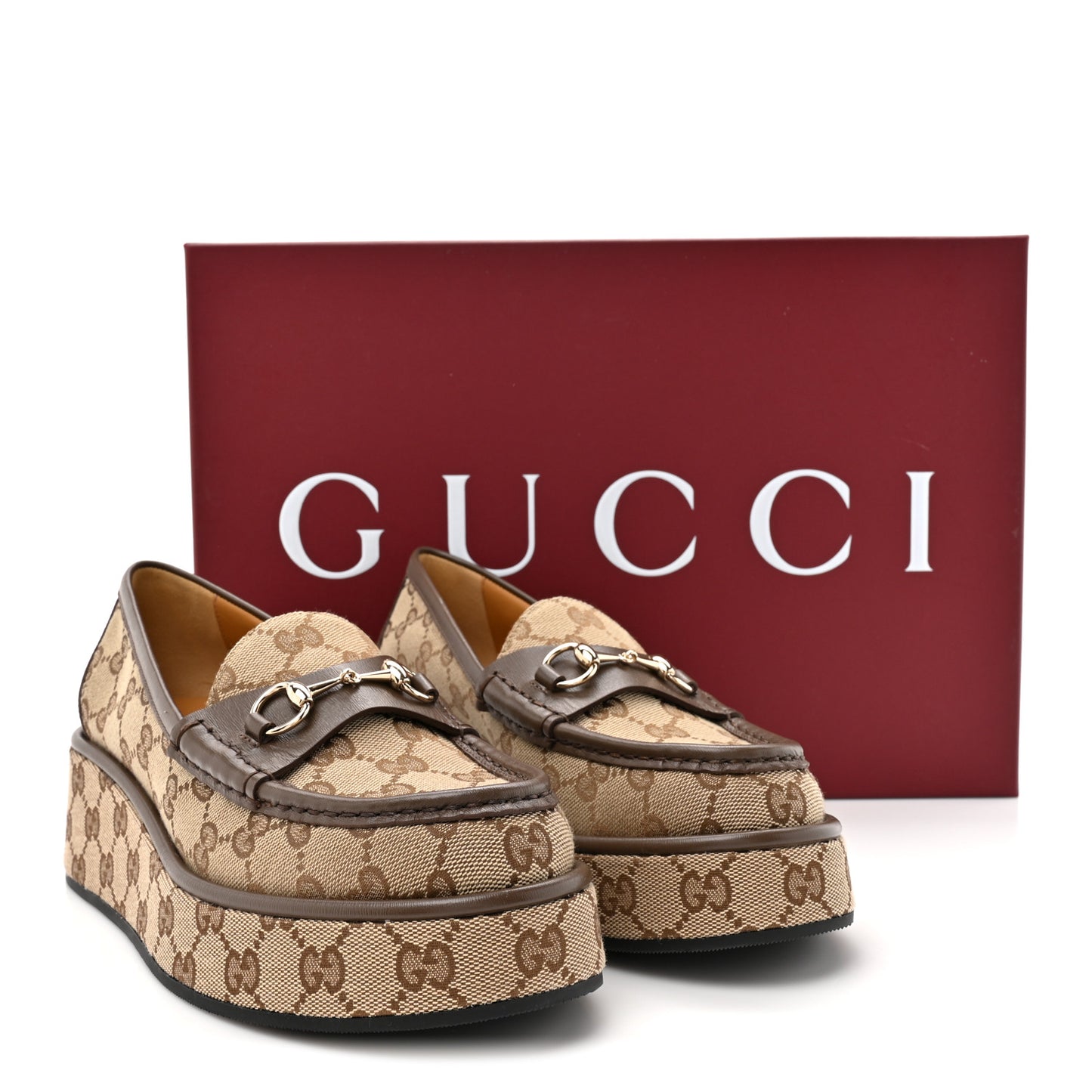Monogram Horsebit Calfskin Womens Horsebit Wedge Platform Loafers 38 Beige Ebony