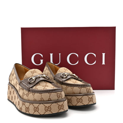 Gucci Monogram Horsebit Calfskin Womens Horsebit Wedge Platform Loafers 38 Beige Ebony 10 of 10