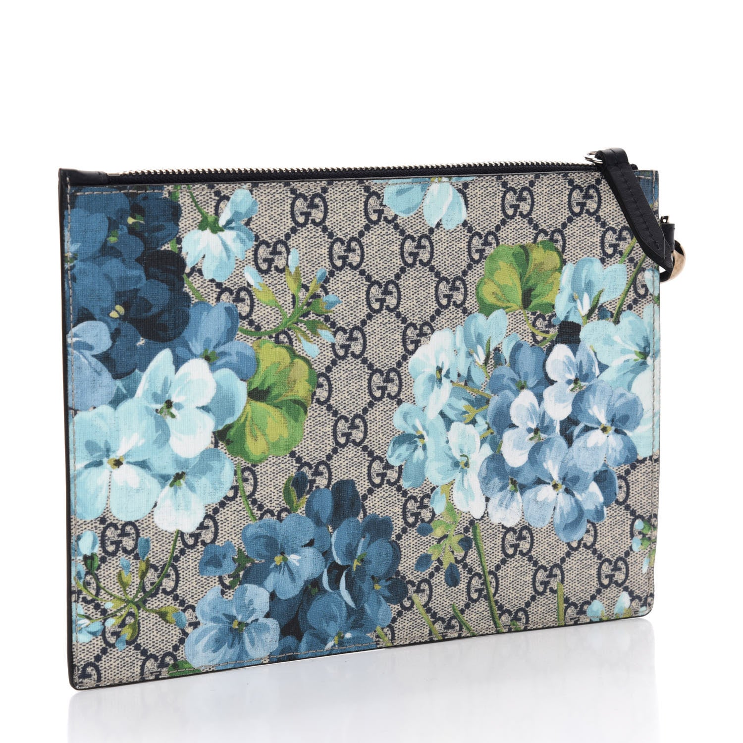 Gucci GG Supreme Monogram Blooms Small Zip Wristlet Pouch Beige Blue Black 3 of 7