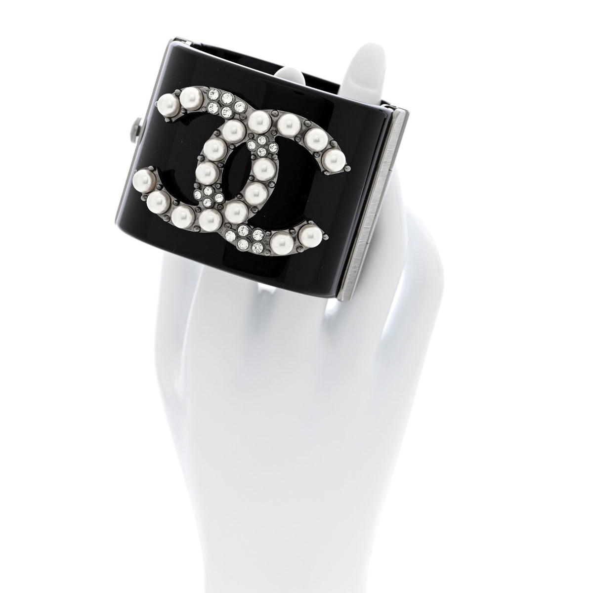 Chanel Resin Crystal Pearl CC Cuff Black 2 of 4