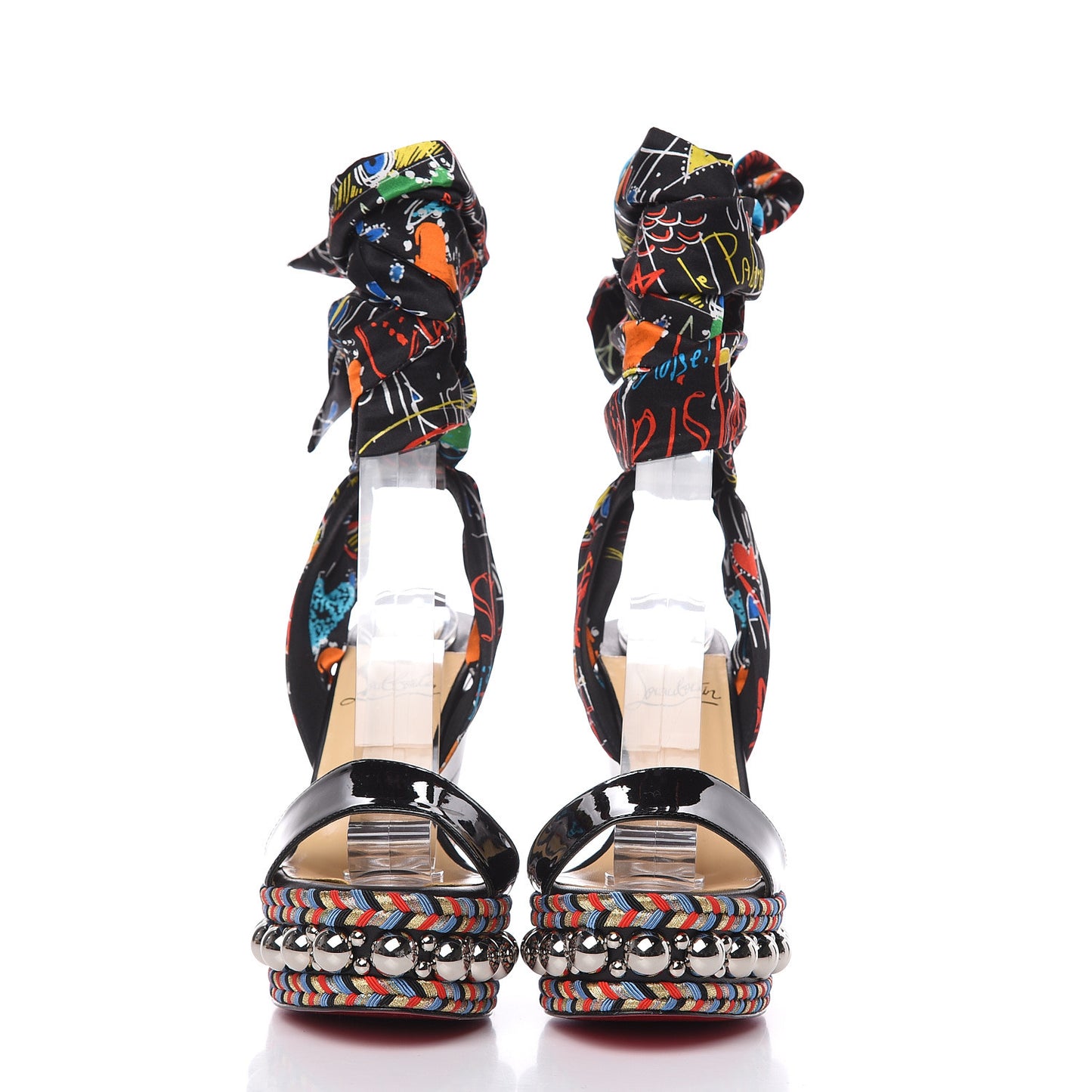 Patent Crepe Satin Loubitag Levantine 120 Wedge Sandals 36 Black