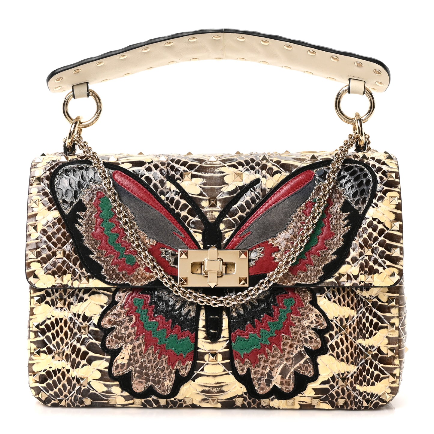 Snakeskin Lambskin Butterfly Medium Rockstud Spike Shoulder Bag Beige Multicolor