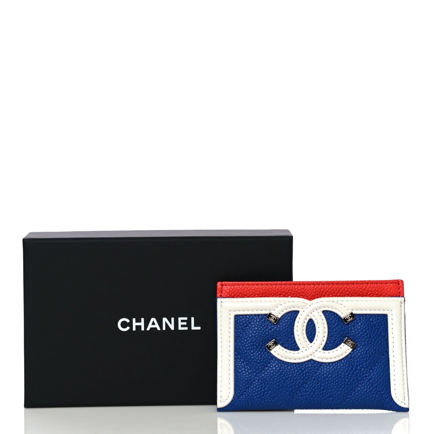 Caviar Quilted Filigree Card Holder Blue White Red