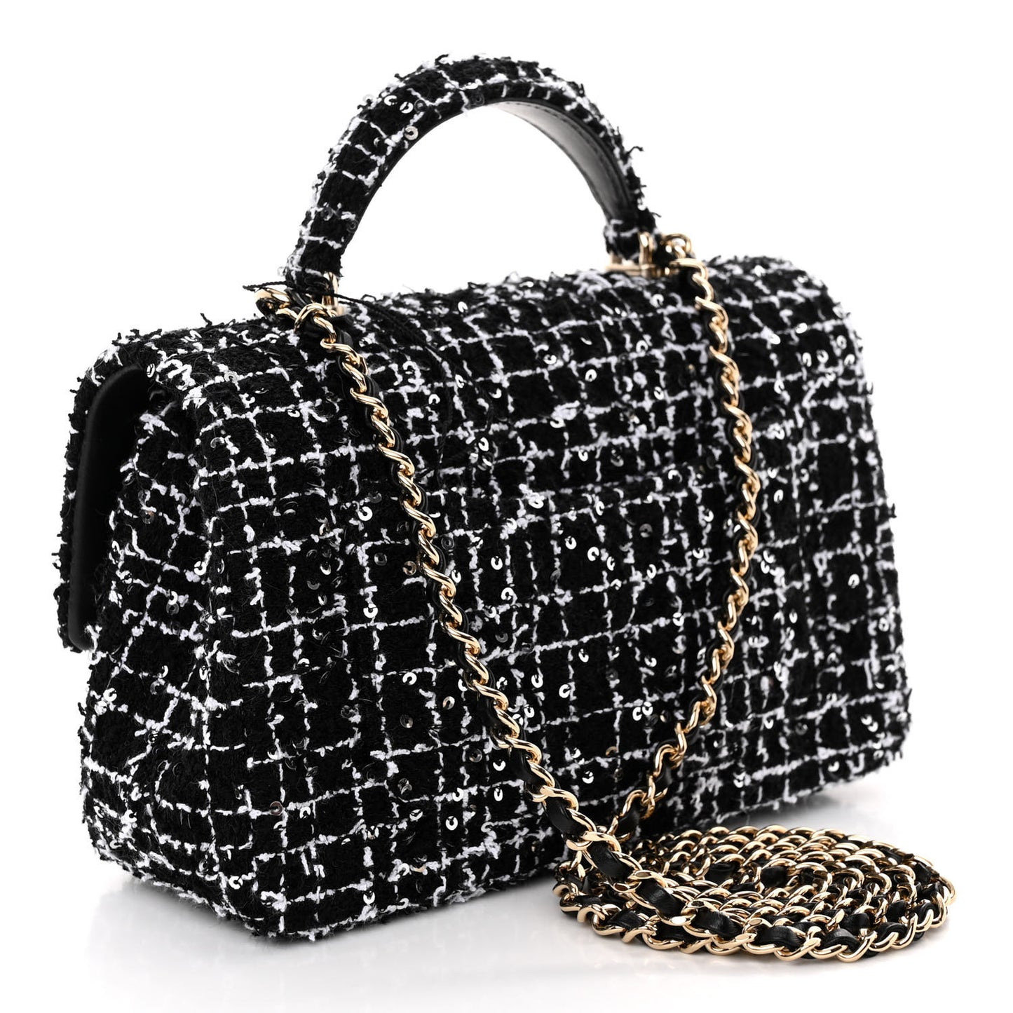 Tweed Quilted Mini Top Handle Rectangular Flap Black White