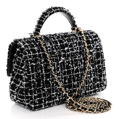 Chanel Tweed Quilted Mini Top Handle Rectangular Flap Black White 3 of 11