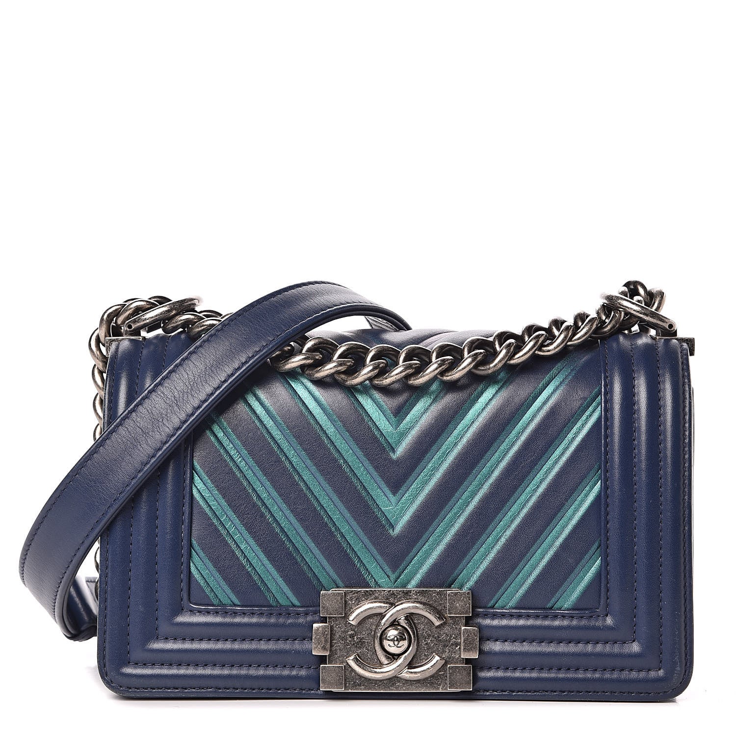 Chanel Calfskin Painted Chevron Embossed Small Boy Flap Dark Blue 1 of 18