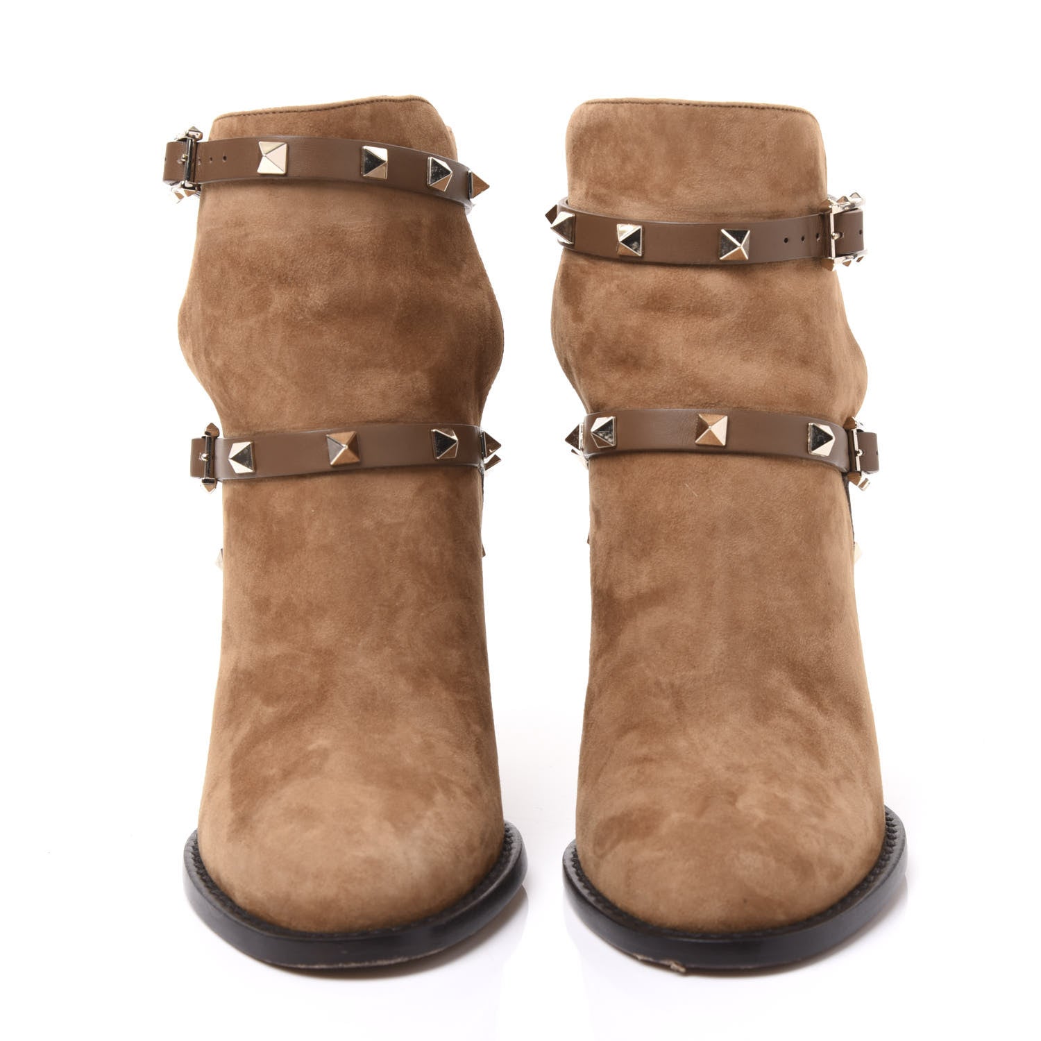 Valentino Garavani Suede Rockstud Double Buckle 100mm Block Heel Ankle Boots 35.5 Nocciola 3 of 9