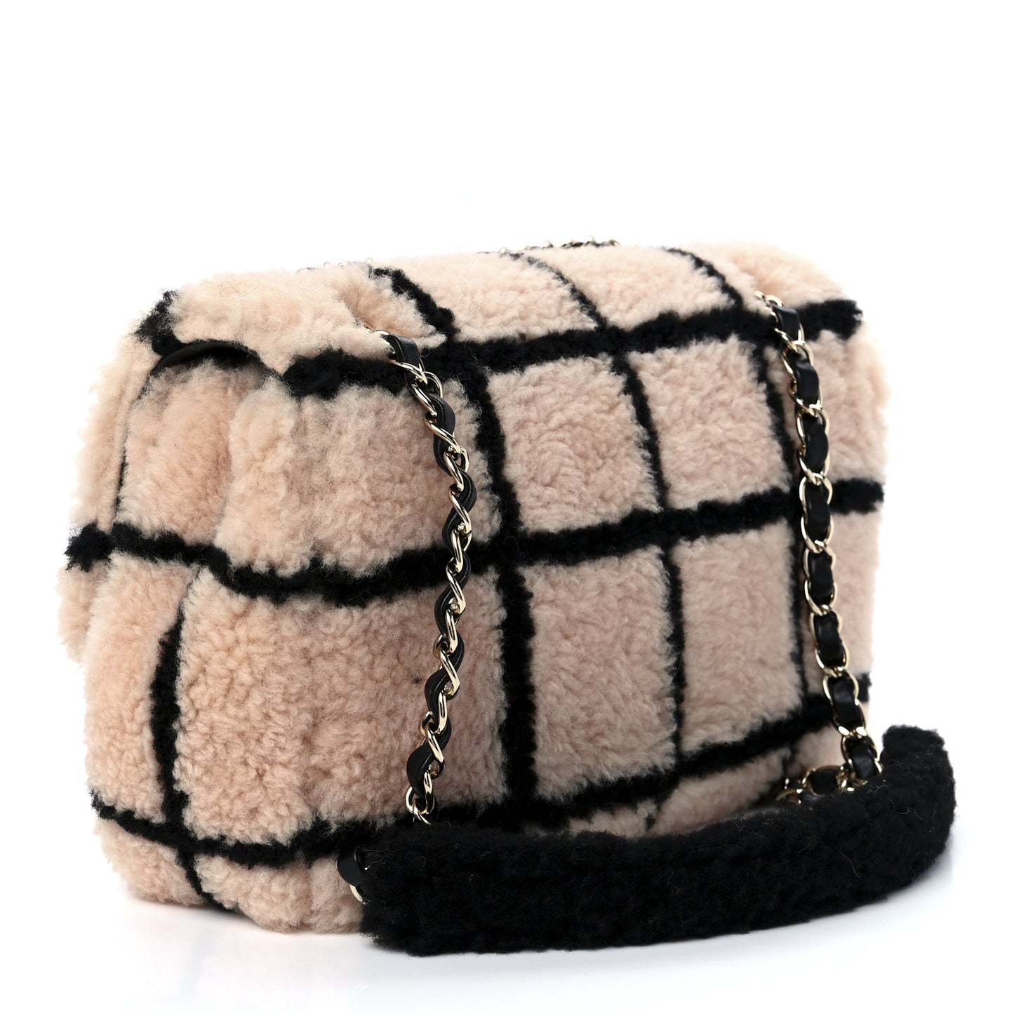 Shearling Lambskin Large Fluffy Tartan Single Flap Pink Black