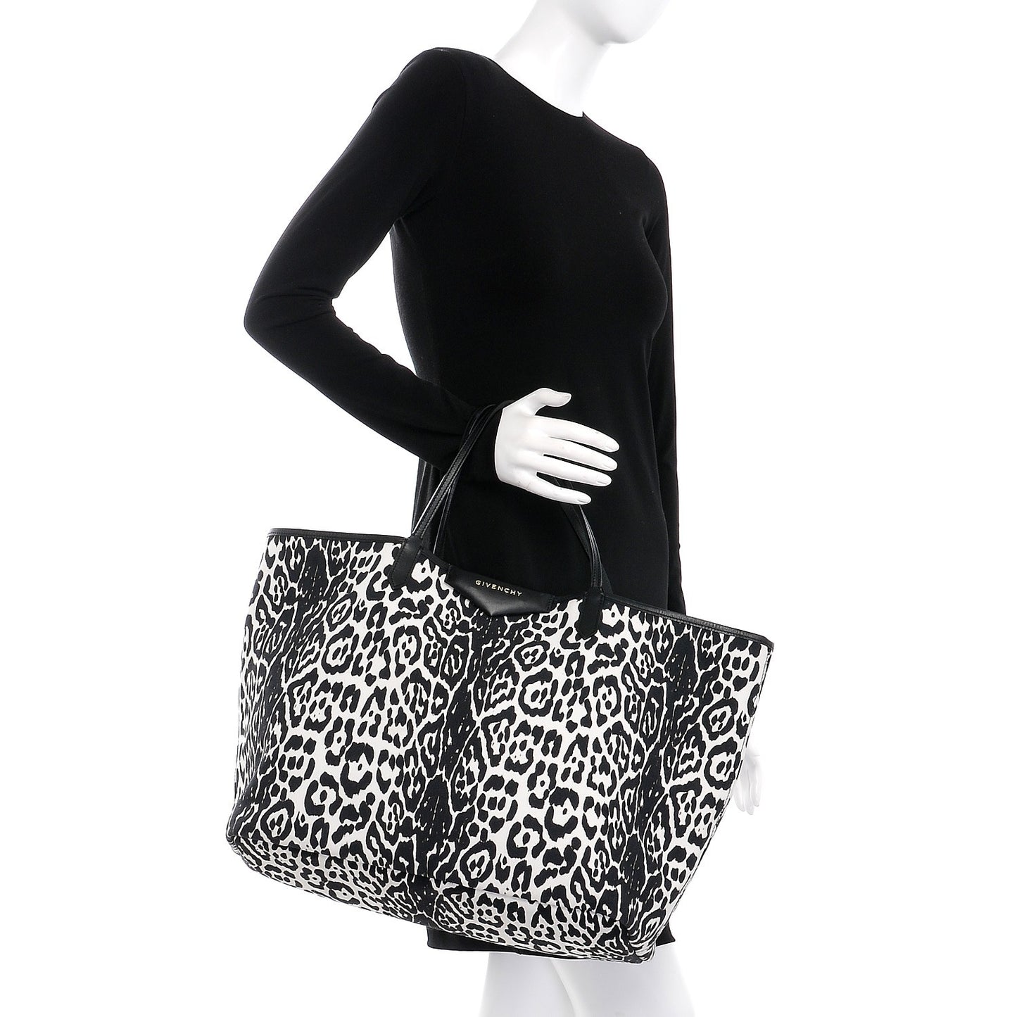 Canvas Jaguar Print Large Antigona Tote Black White