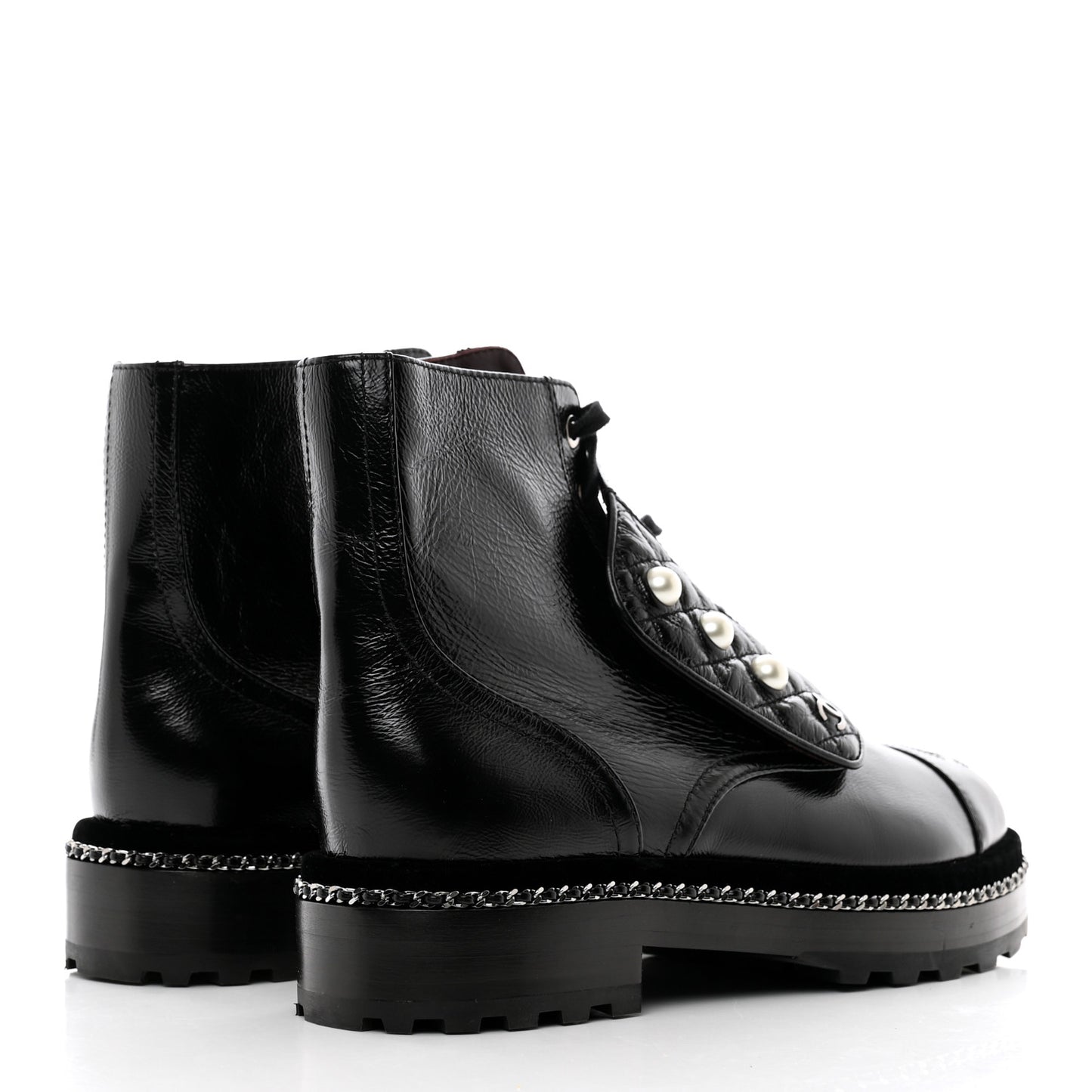 Crackled Calfskin Velvet Pearl Combat Short Boots 37.5 Black