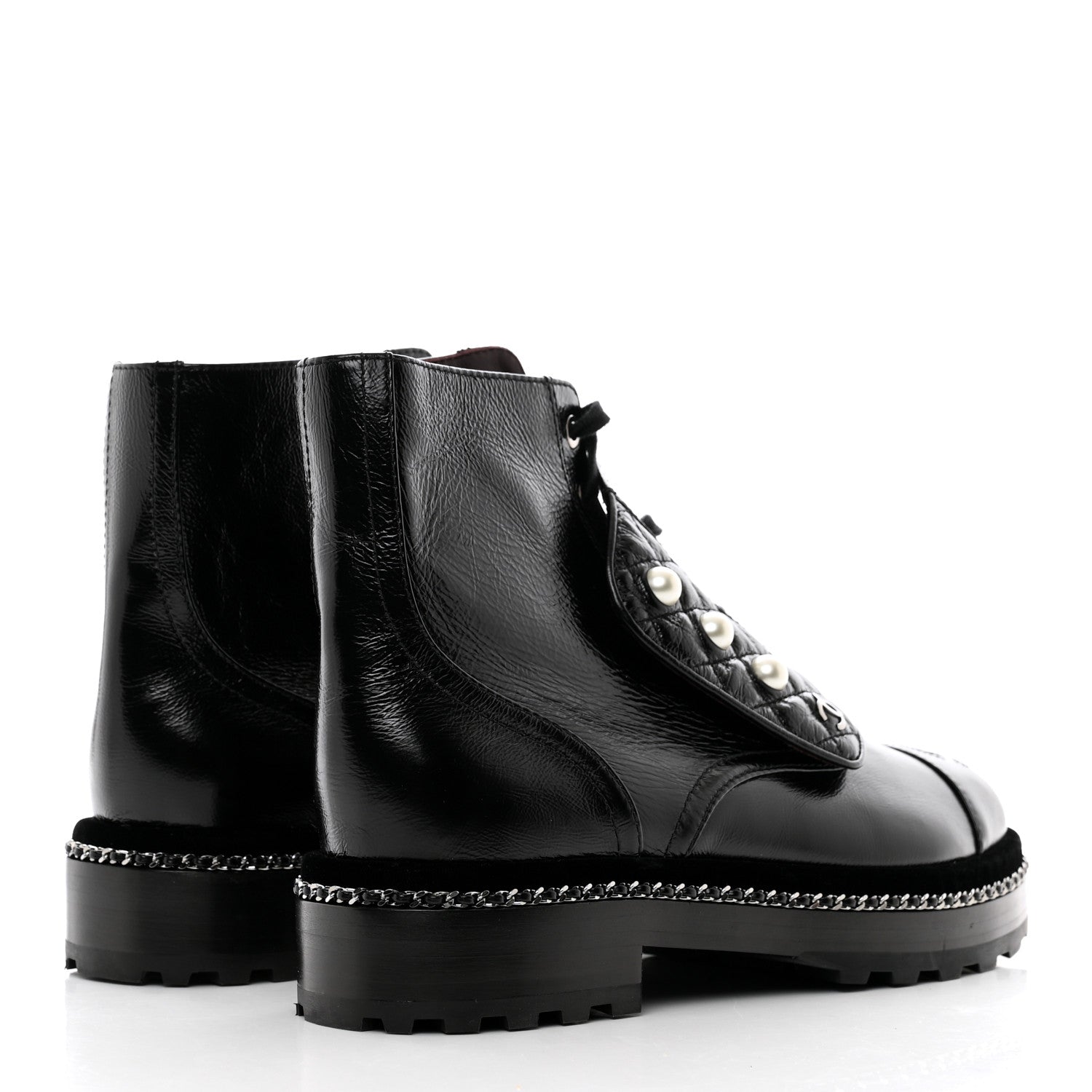 Chanel Crackled Calfskin Velvet Pearl Combat Short Boots 37.5 Black 4 of 9