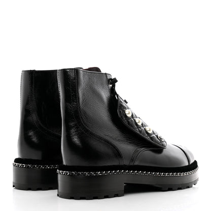 Chanel Crackled Calfskin Velvet Pearl Combat Short Boots 37.5 Black 4 of 9
