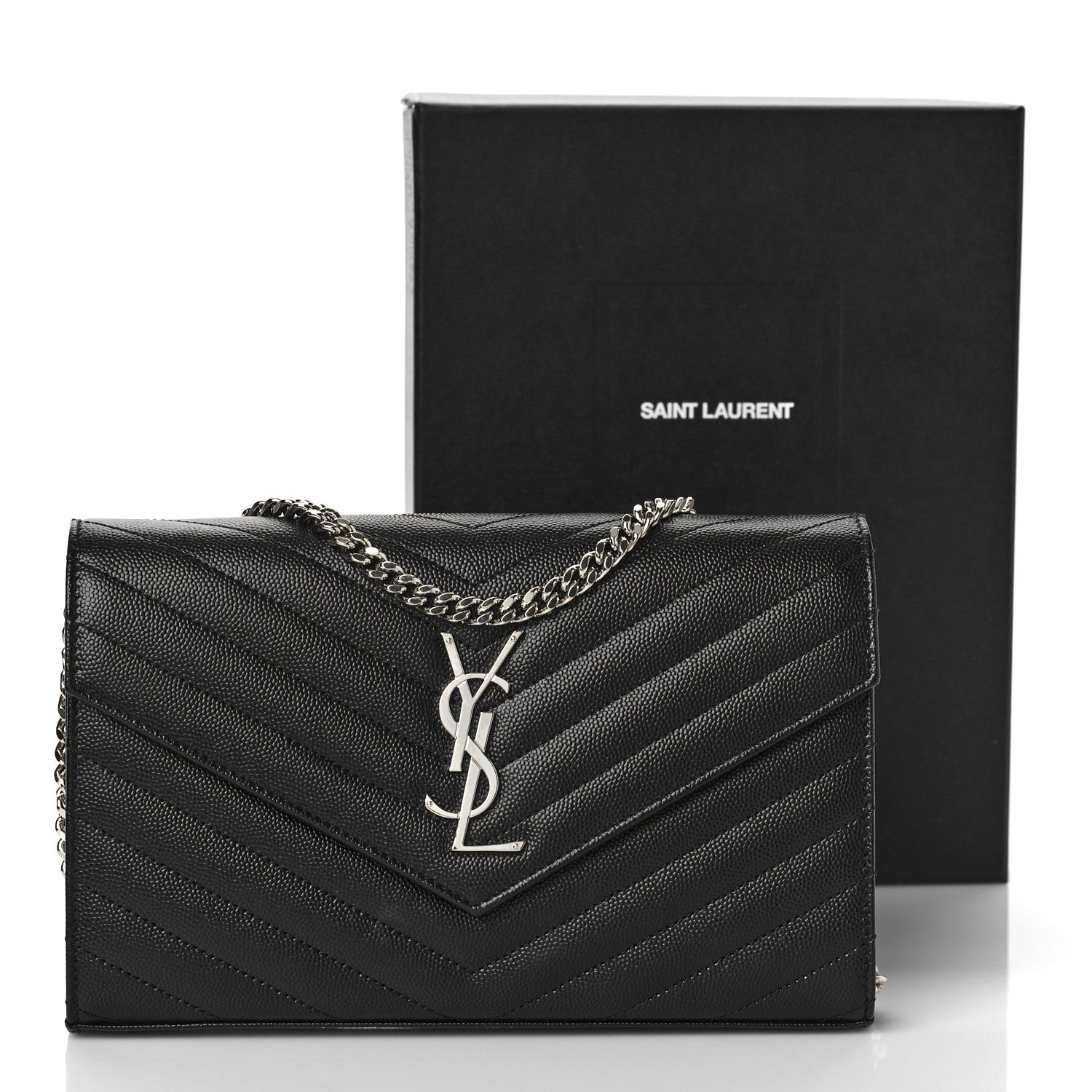 Saint Laurent Grain De Poudre Matelasse Chevron Monogram Chain Wallet Black 9 of 9
