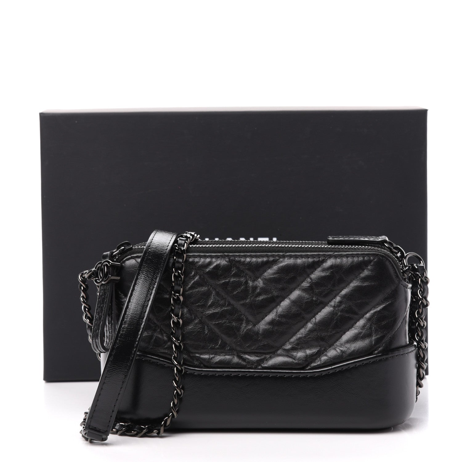 Chanel Aged Calfskin Chevron Quilted Small Gabrielle Clutch With Chain So Black 12 of 12