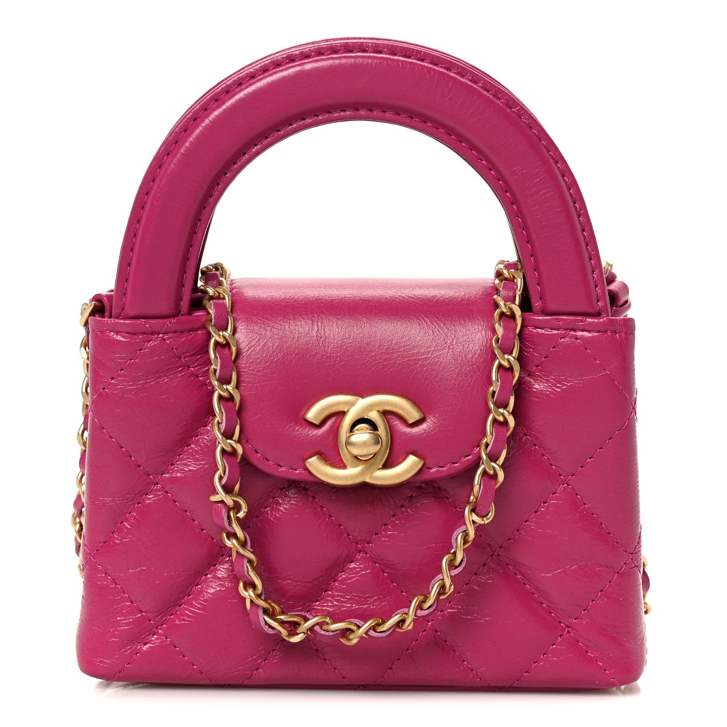 Chanel Shiny Aged Calfskin Quilted Mini Nano Kelly Shopper Dark Pink 1 of 11