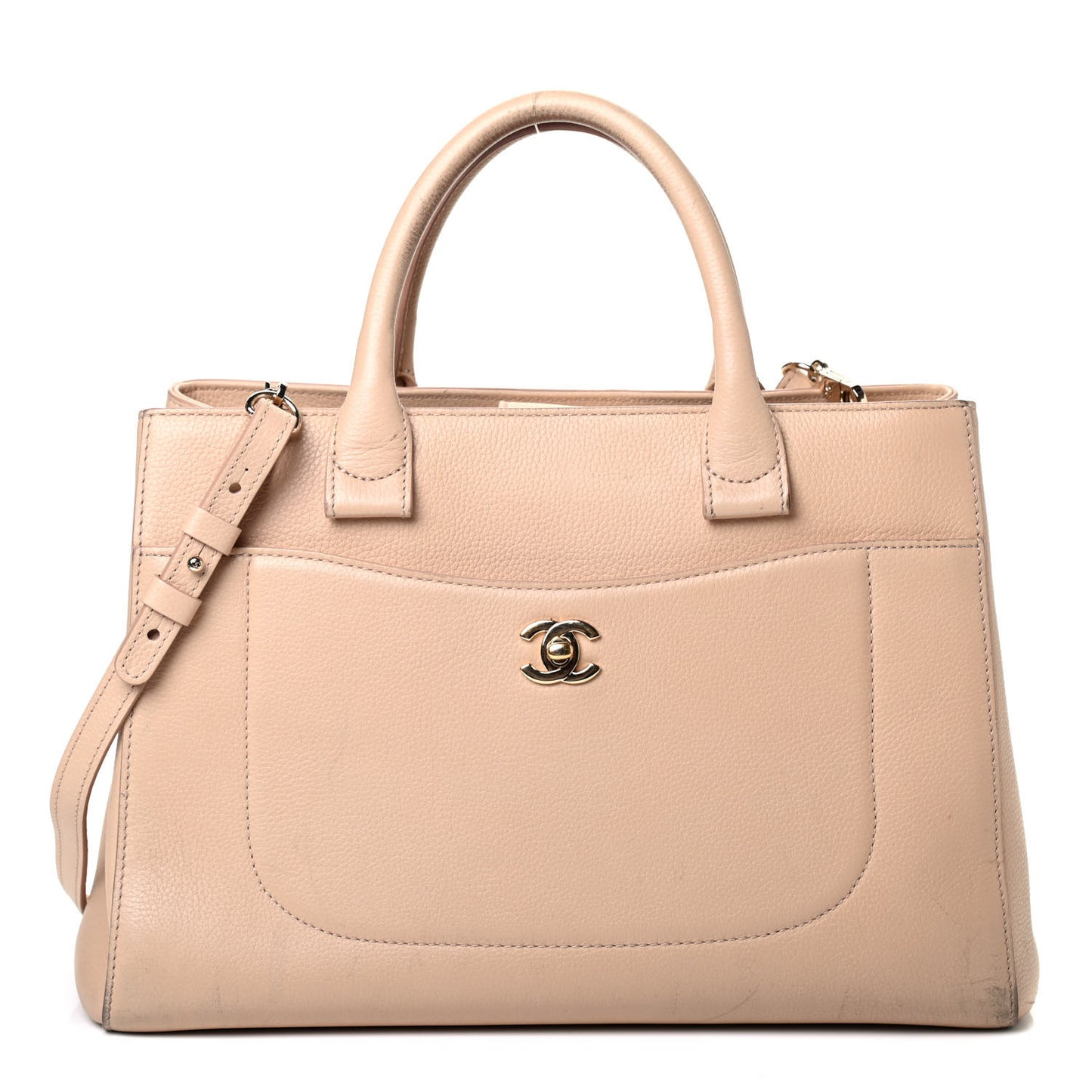 Grained Calfskin Small Neo Executive Shopper Tote Beige
