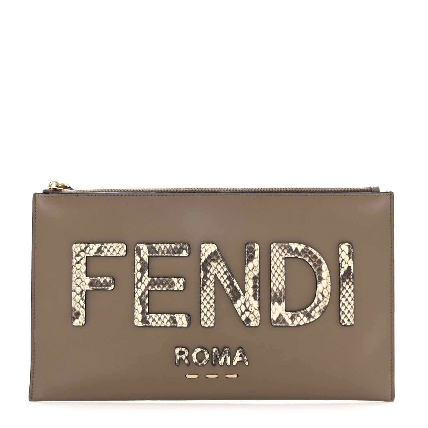 Fendi Vitello King Luxor Elaphe Python Print Logo Medium Flat Pouch Tartufo Daisy Roccia 1 of 8