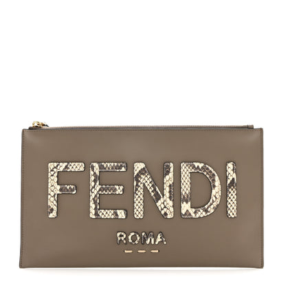 Fendi Vitello King Luxor Elaphe Python Print Logo Medium Flat Pouch Tartufo Daisy Roccia 1 of 8