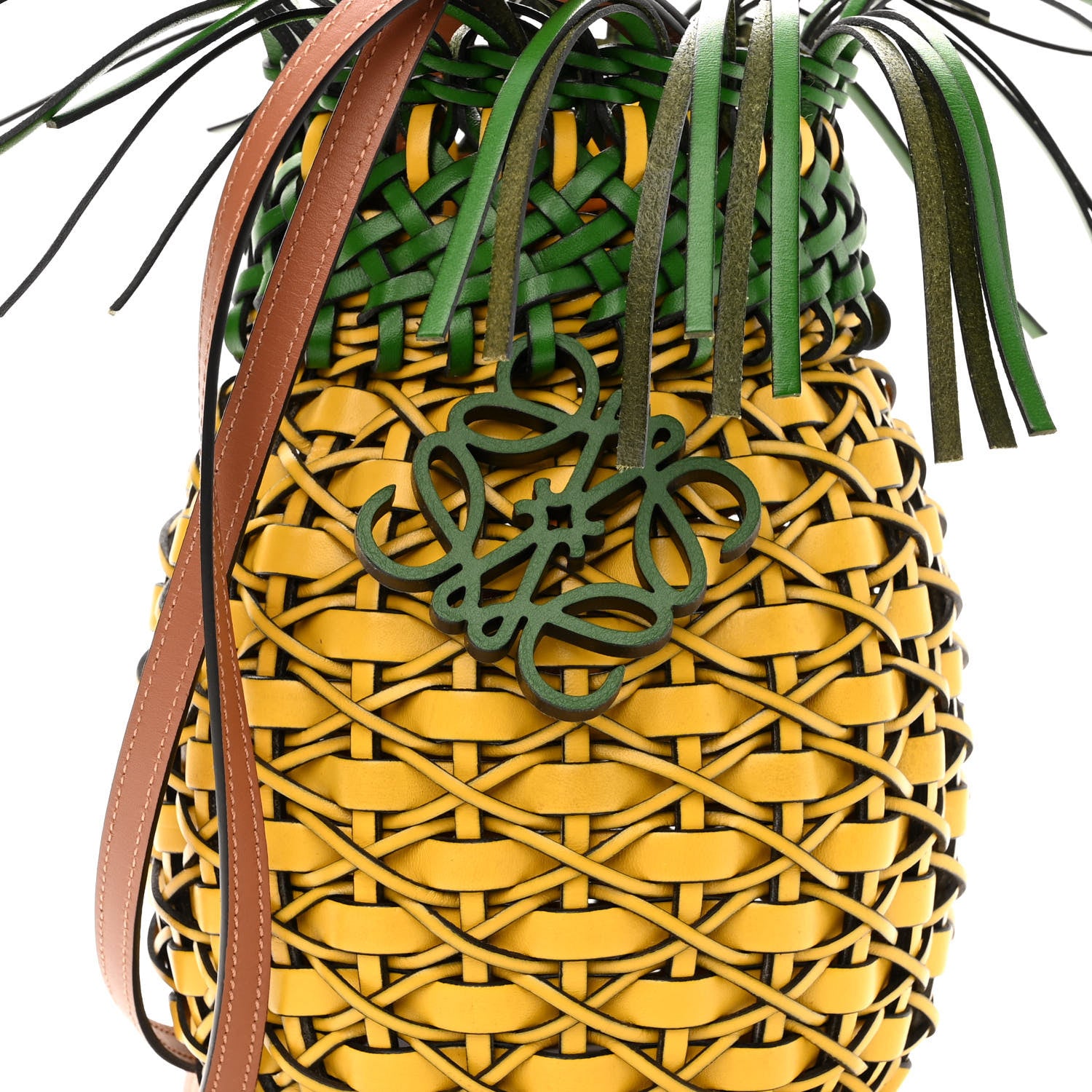 Loewe Calfskin Fringe Woven Pineapple Bucket Bag Yellow Green 8 of 10