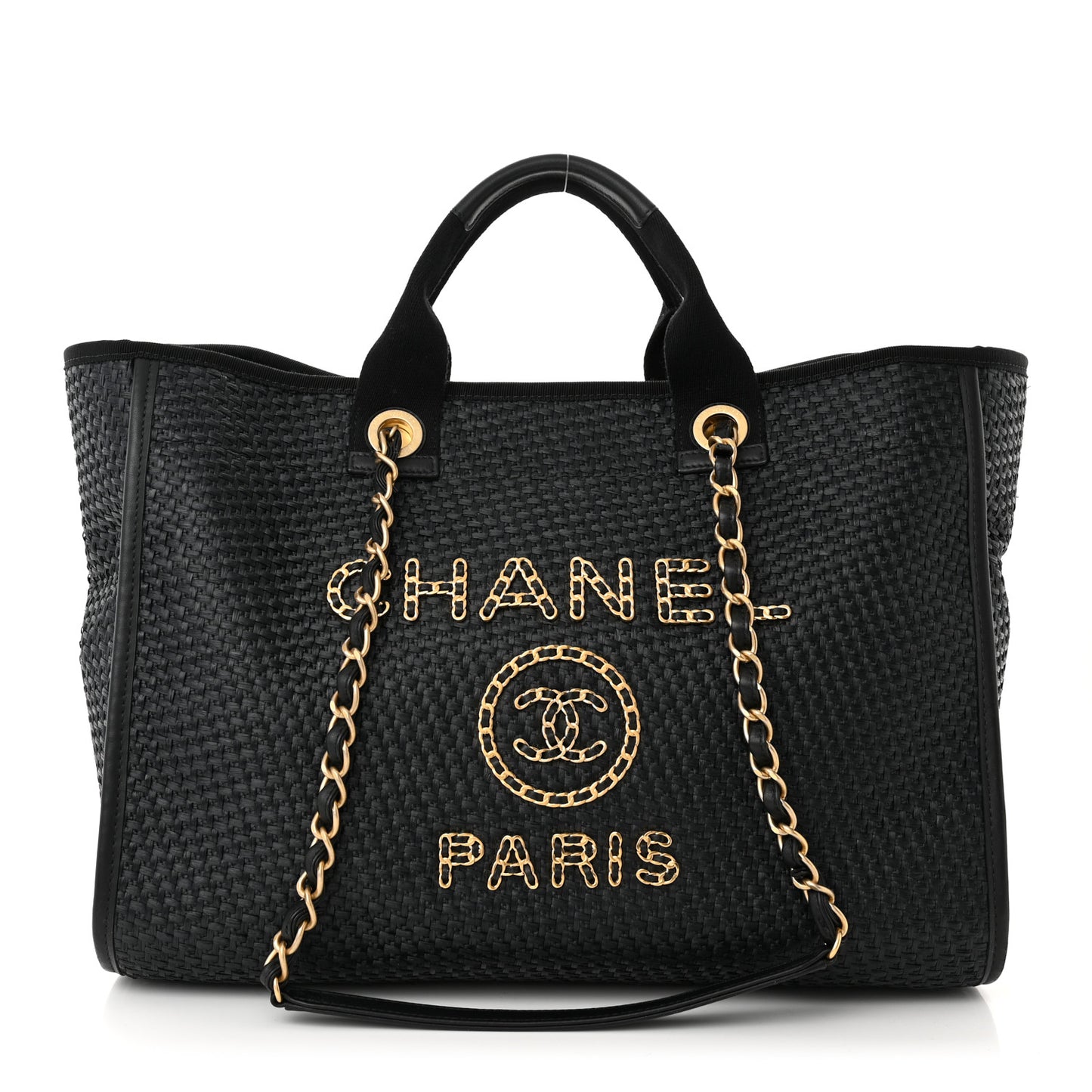 Straw Raffia Calfskin Chain Medium Deauville Tote Black