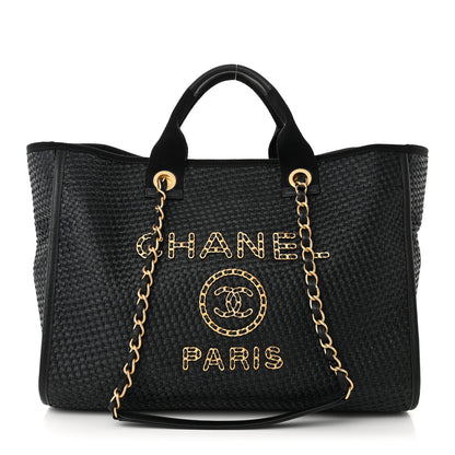 Chanel Straw Raffia Calfskin Chain Medium Deauville Tote Black 1 of 12