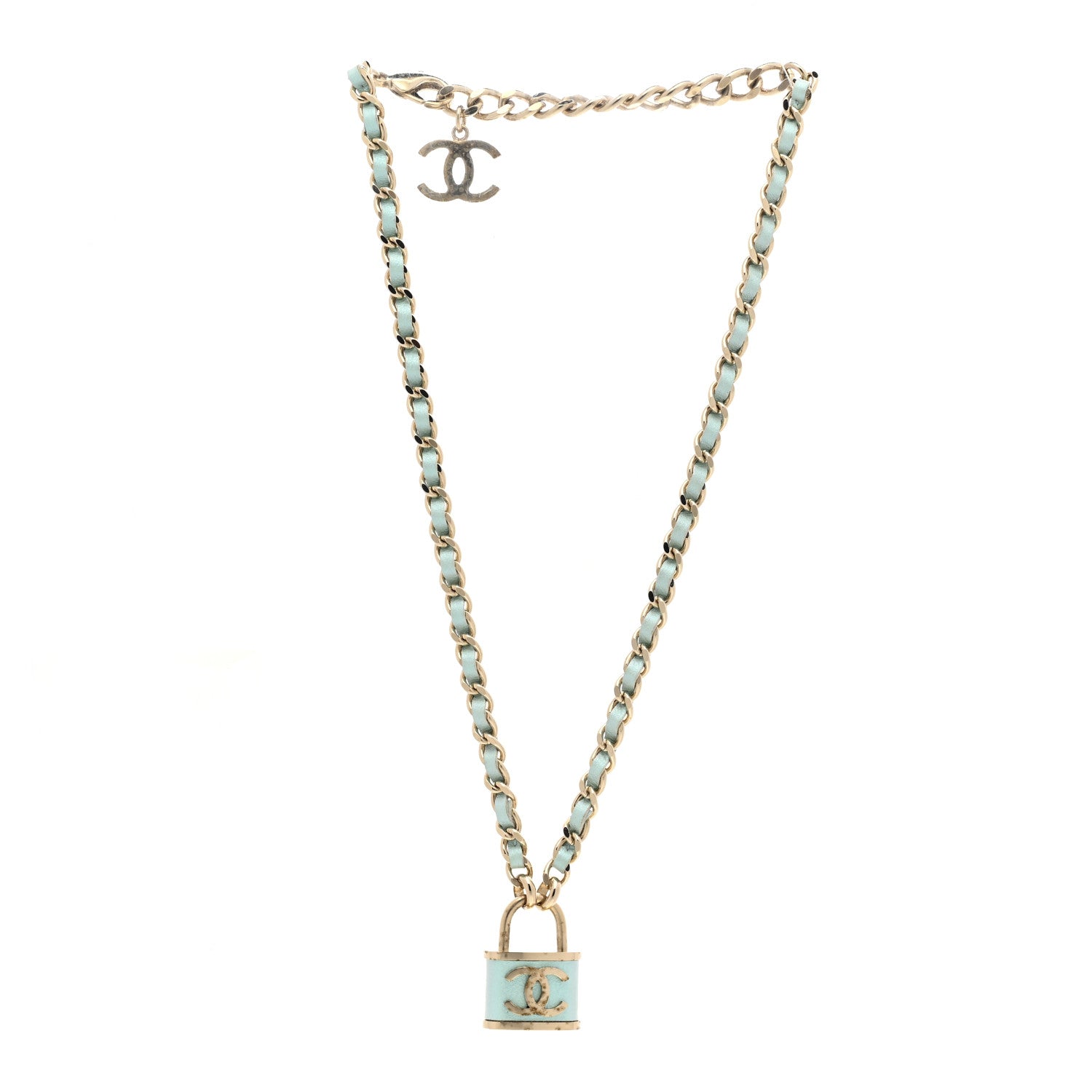 Chanel Calfskin Metal Padlock Necklace Gold Iridescent Blue 4 of 7
