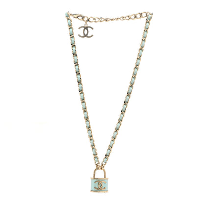 Chanel Calfskin Metal Padlock Necklace Gold Iridescent Blue 4 of 7